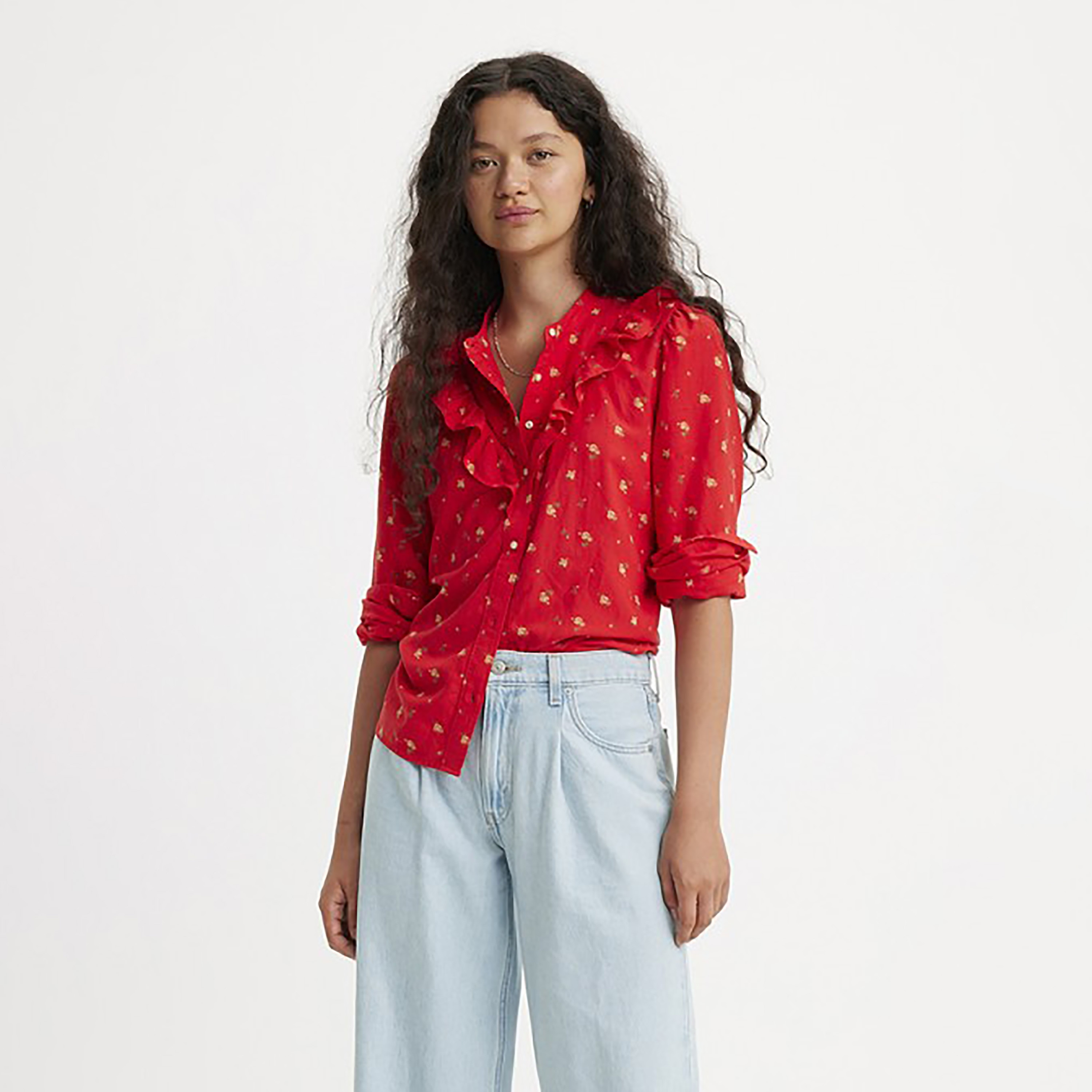 توب ليفايز بأكمام طويلة بياقة ماندرين بمطبوع مع ديتيل بكشكش-women-clothing-shirtsandblouses-blouses-image-1