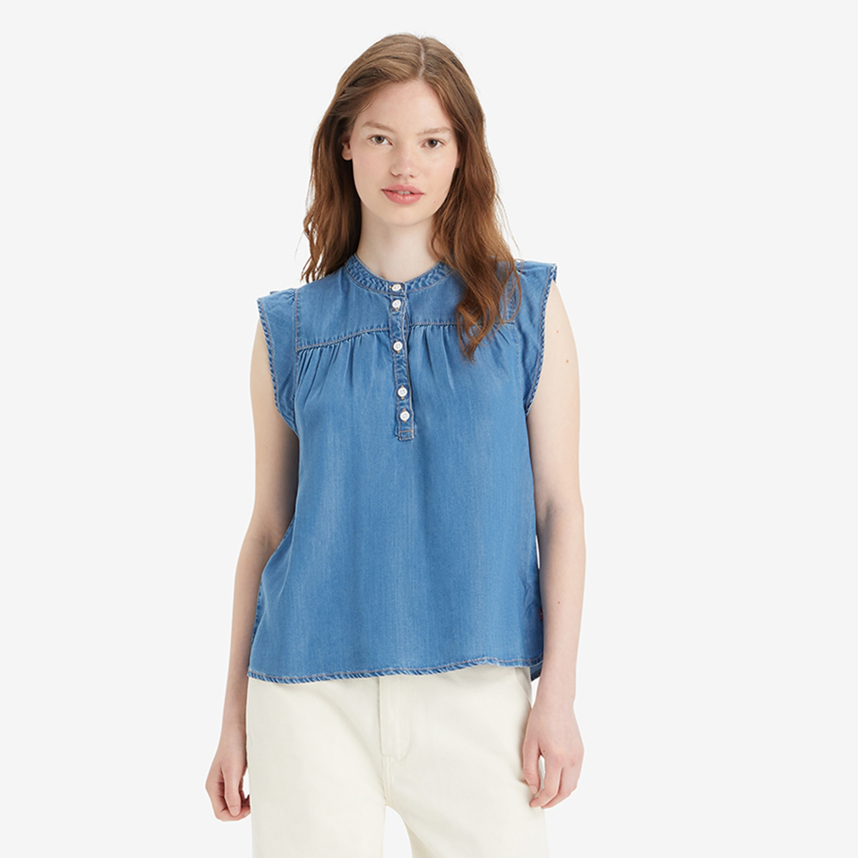 Levi's Blue Washed Lyocell Band Collar Sleeveless Women's Top-women-clothing-shirtsandblouses-blouses-image-1