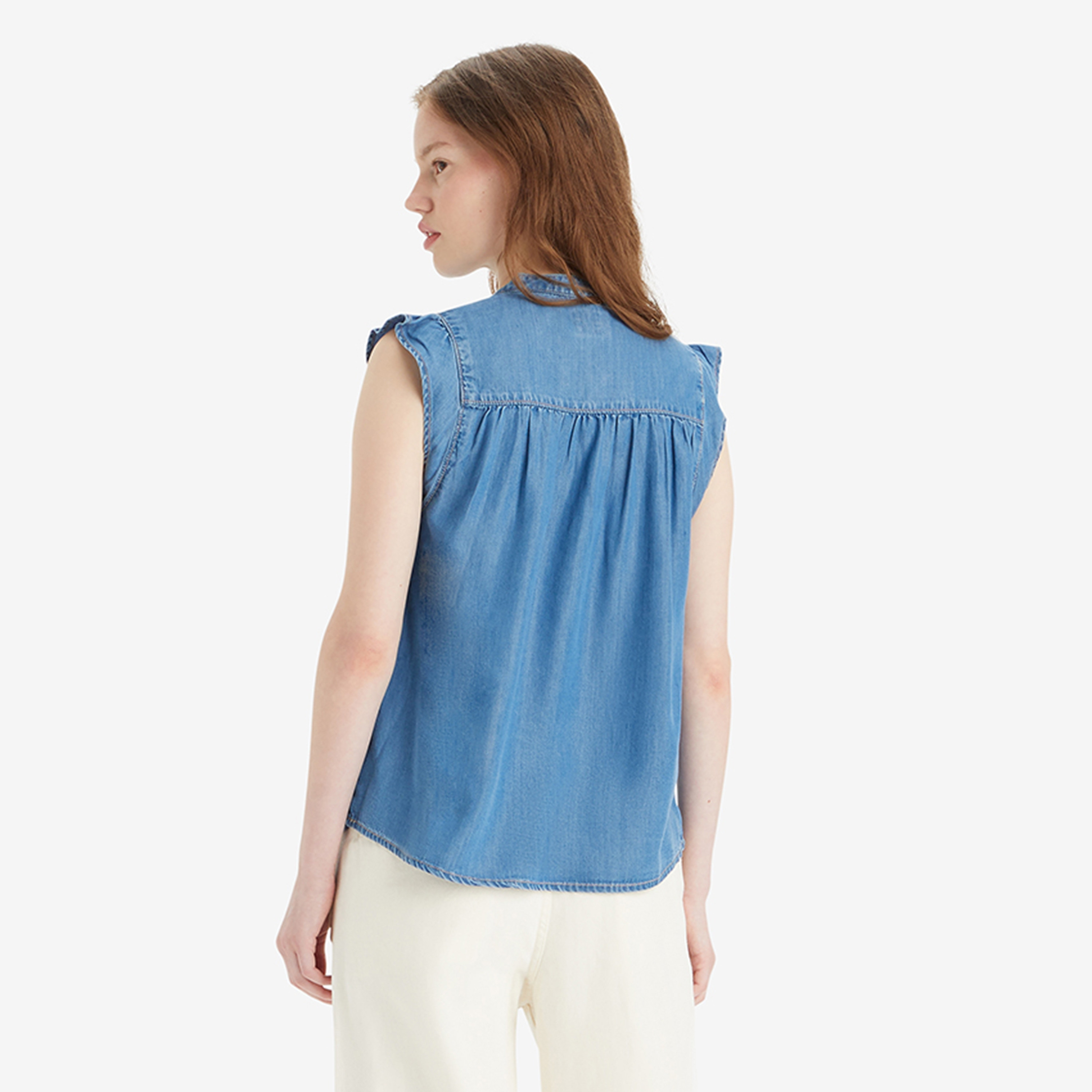 Levi's Blue Washed Lyocell Band Collar Sleeveless Women's Top-women-clothing-shirtsandblouses-blouses-image-3