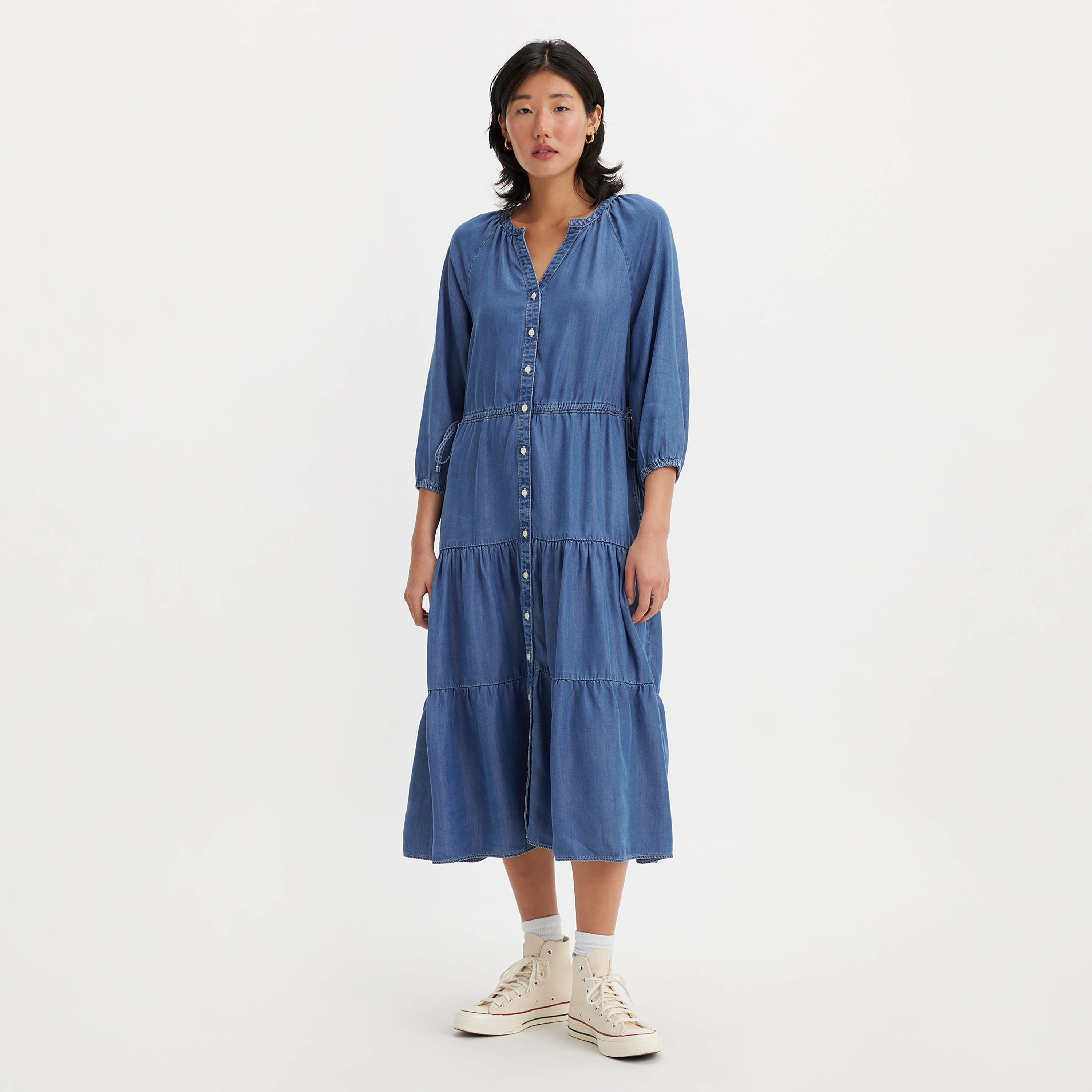 فستان ميدي ذو ماندرين بطبقات وياقة بلون ازرق من ليفايز-women-clothing-dresses-image-1