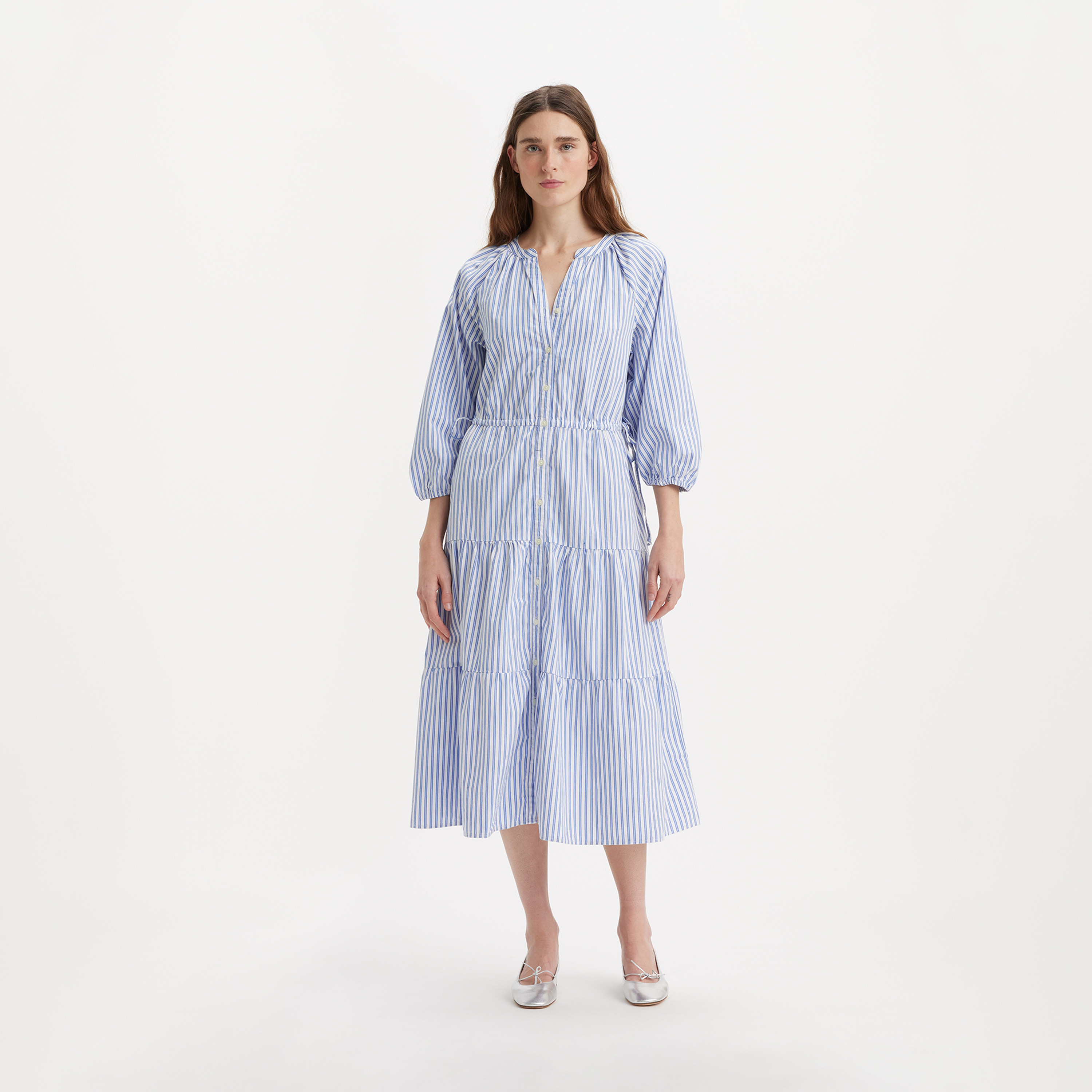 ليفايز - فستان قميص مخطط متوسط الطول ياقة على شكل V بأحزمة كتف-women-clothing-dresses-image-1