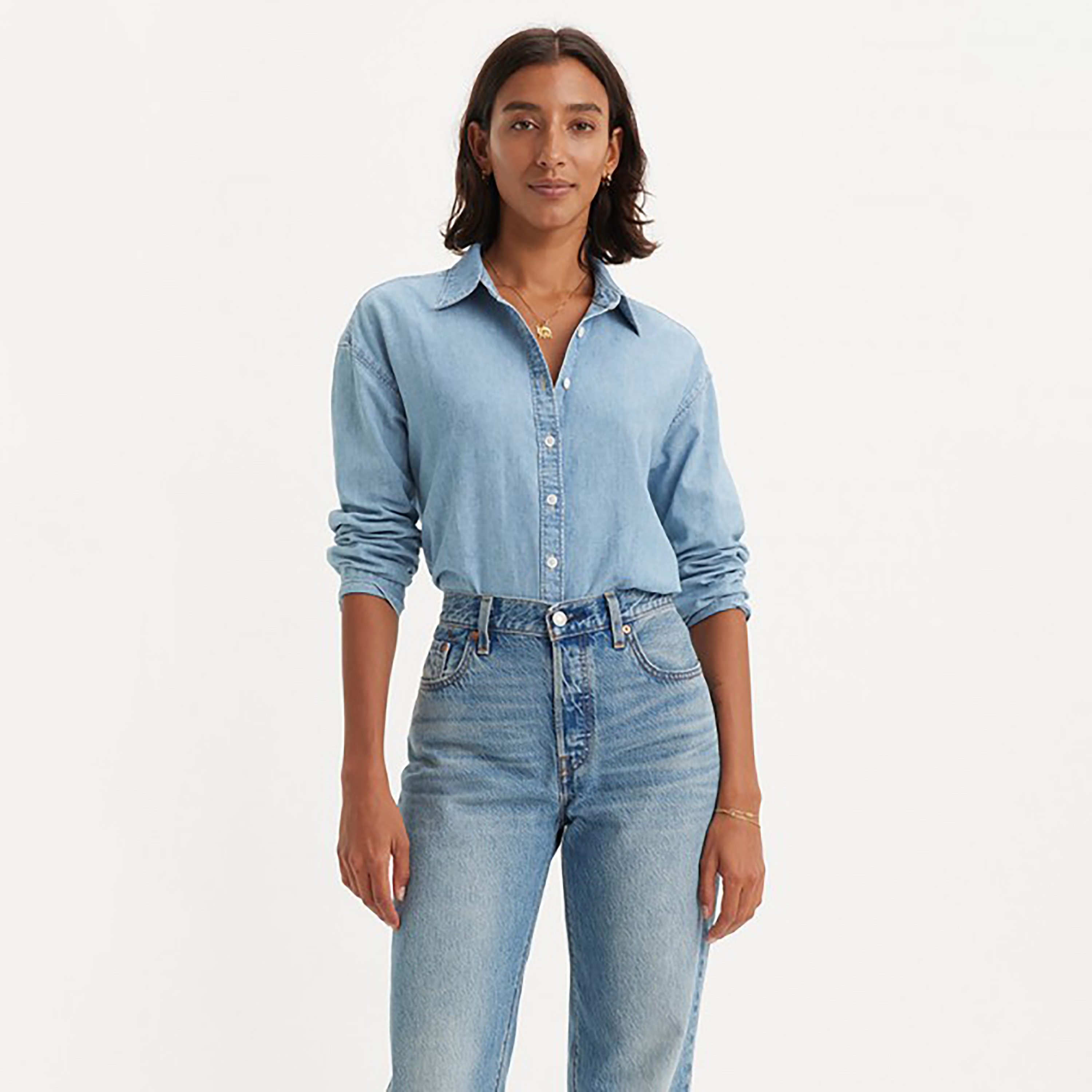 Levi's Plain Collared Long Sleeves Casual Denim Shirt-women-clothing-shirtsandblouses-blouses-image-1
