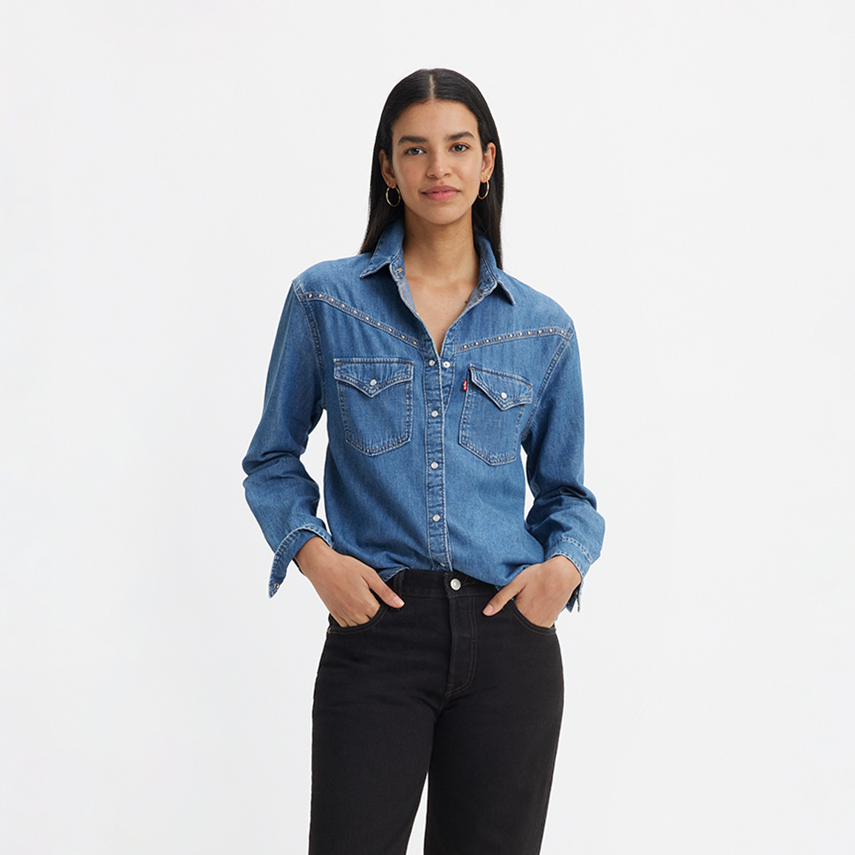 Levi's Women's Buttoned Collared Long Sleeves Denim Shirt-women-clothing-shirtsandblouses-shirts-image-1