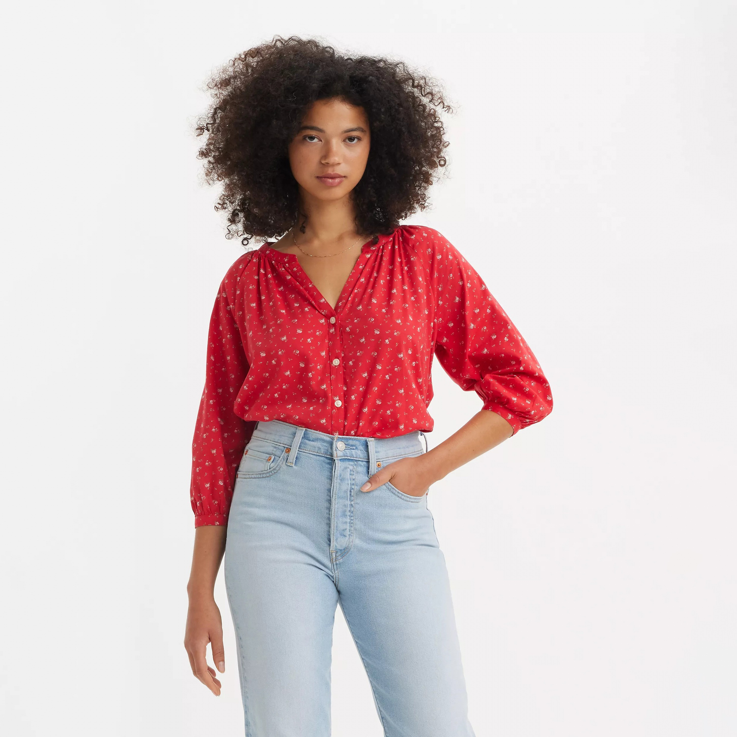 بلوزة بأكمام ثلاثة أرباع وياقة ماندرين مزينة بالزهور للنساء من لي فايس-women-clothing-shirtsandblouses-blouses-image-1