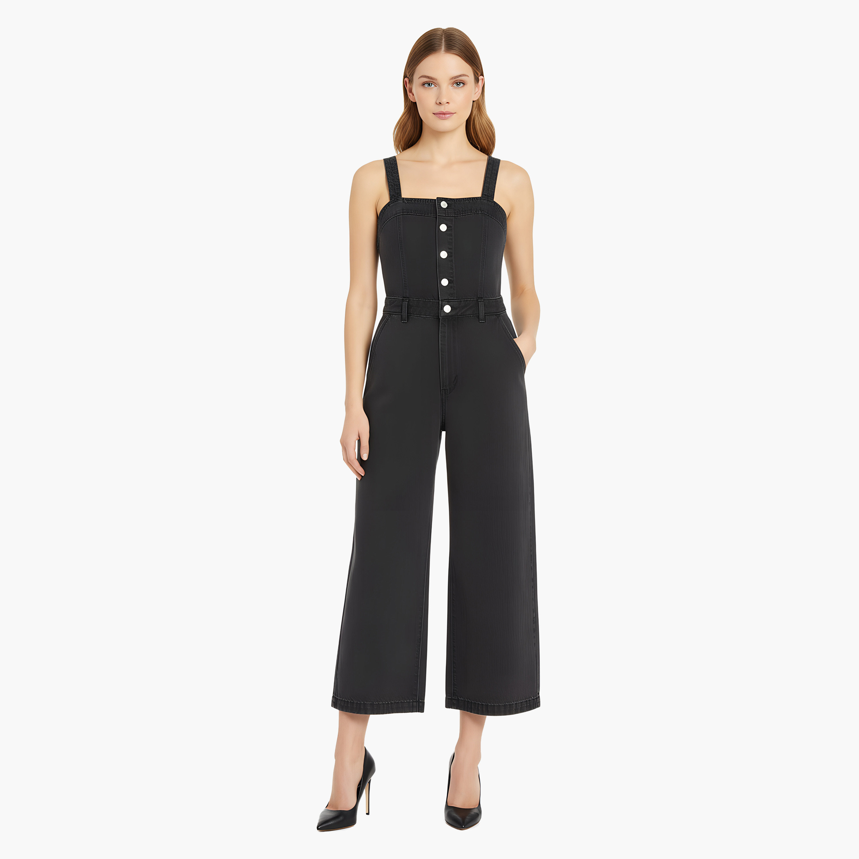جامبسوت حريمي بدون أكمام بياقة مربعة، أسود مغسول قليلاً من ليفايس.-women-clothing-jumpsuits-image-1