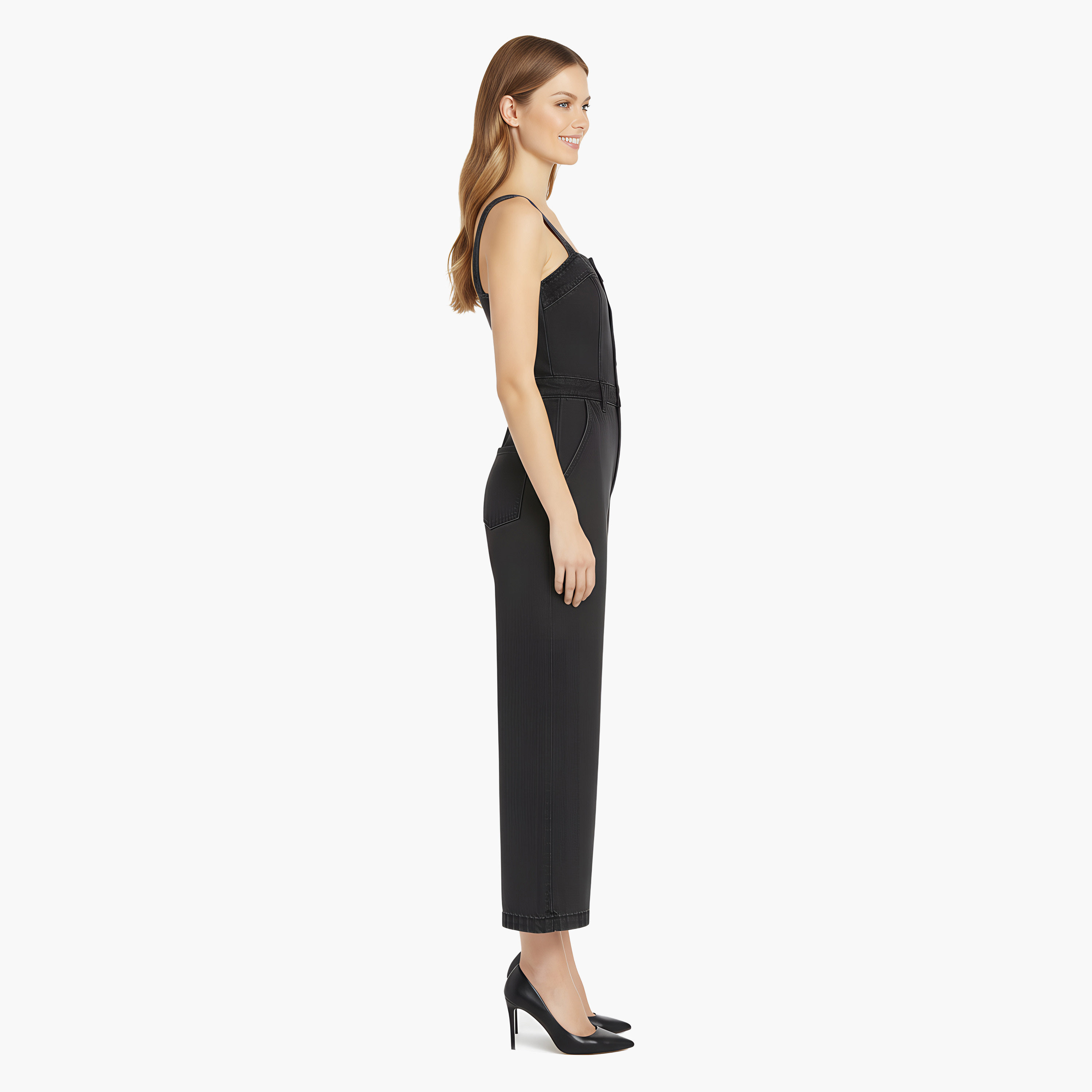 جامبسوت حريمي بدون أكمام بياقة مربعة، أسود مغسول قليلاً من ليفايس.-women-clothing-jumpsuits-image-2