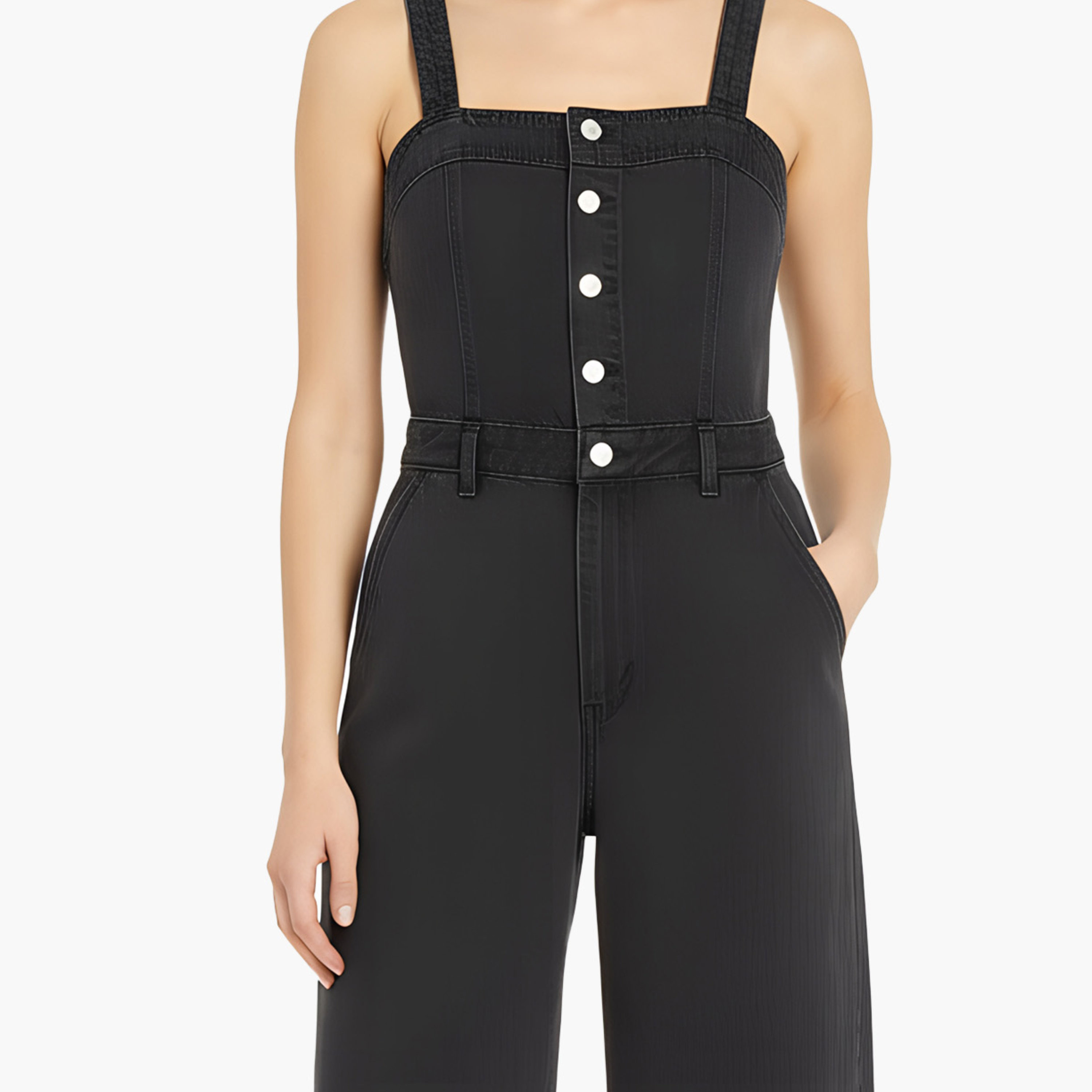 جامبسوت حريمي بدون أكمام بياقة مربعة، أسود مغسول قليلاً من ليفايس.-women-clothing-jumpsuits-image-3