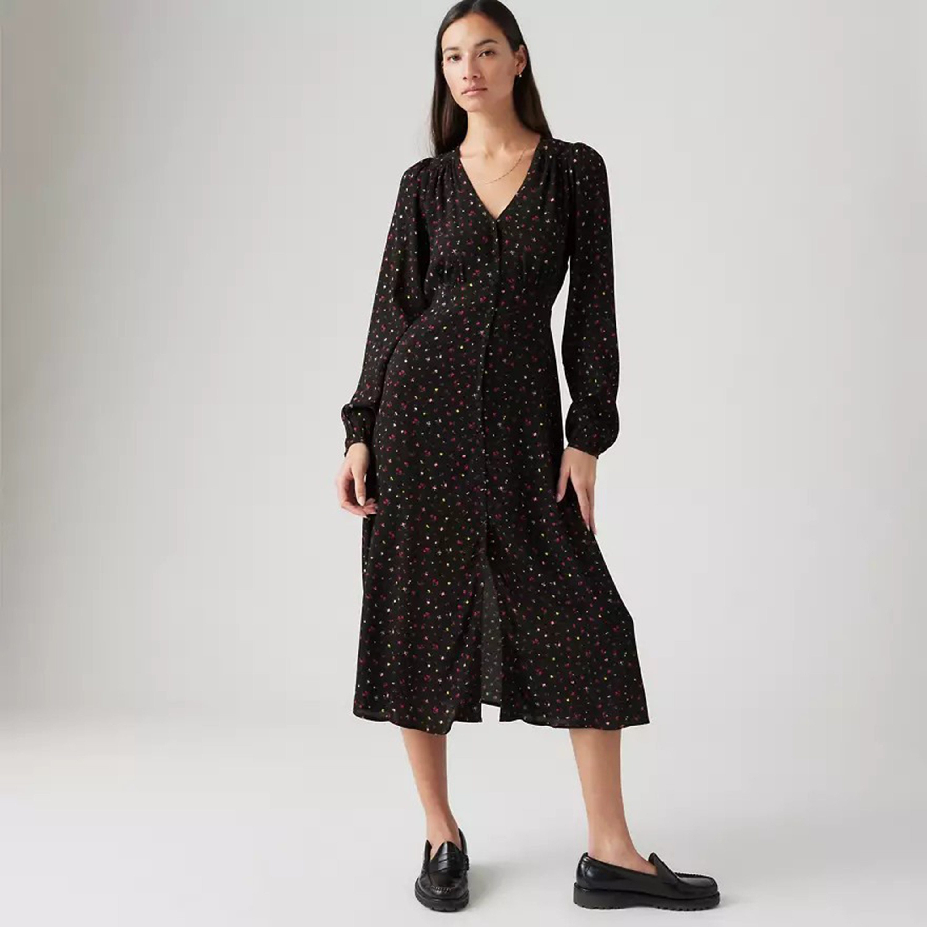 Levi's Black Floral Puff Sleeves Women's A-line Midi Dress-women-clothing-dresses-image-1
