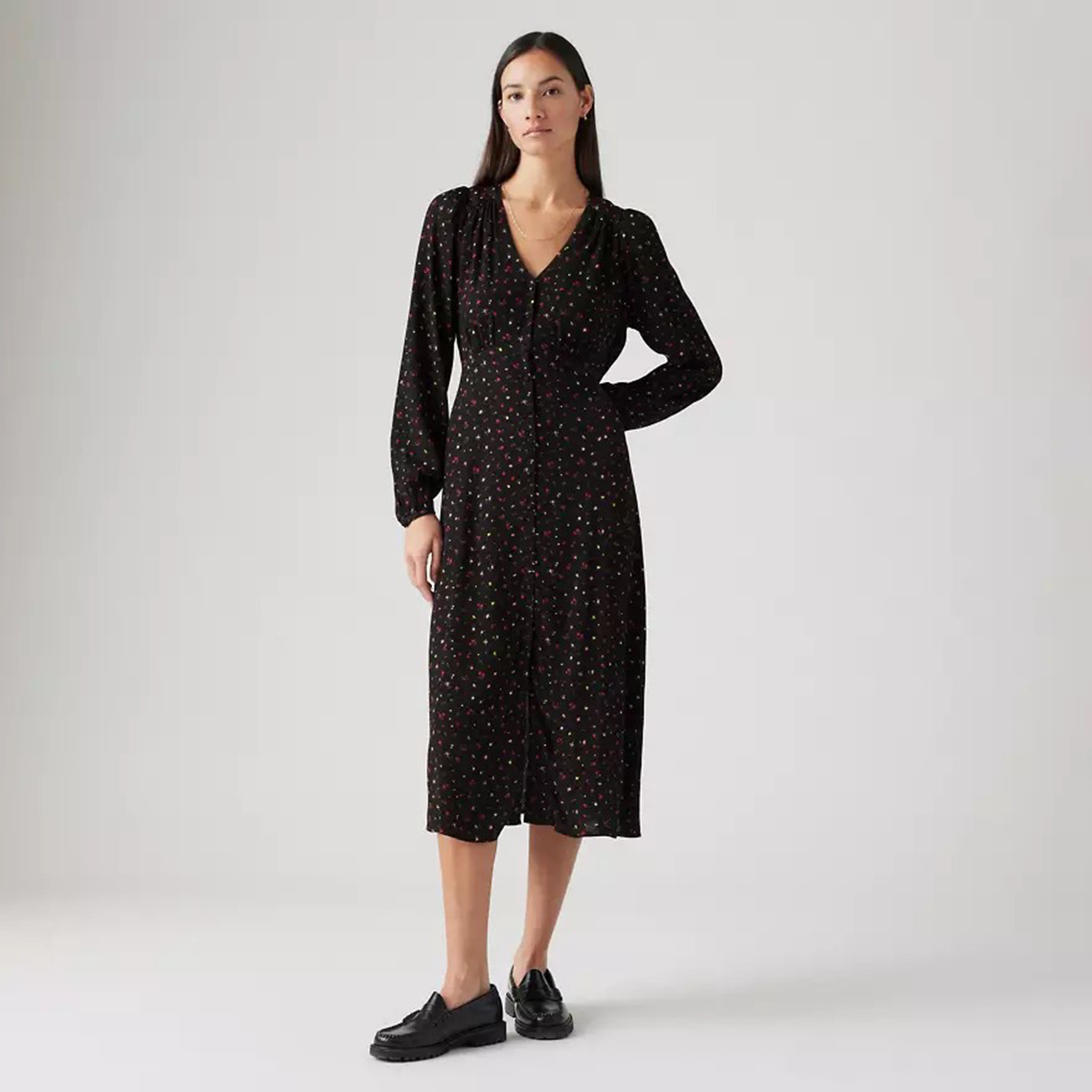 Levi's Black Floral Puff Sleeves Women's A-line Midi Dress-women-clothing-dresses-image-2