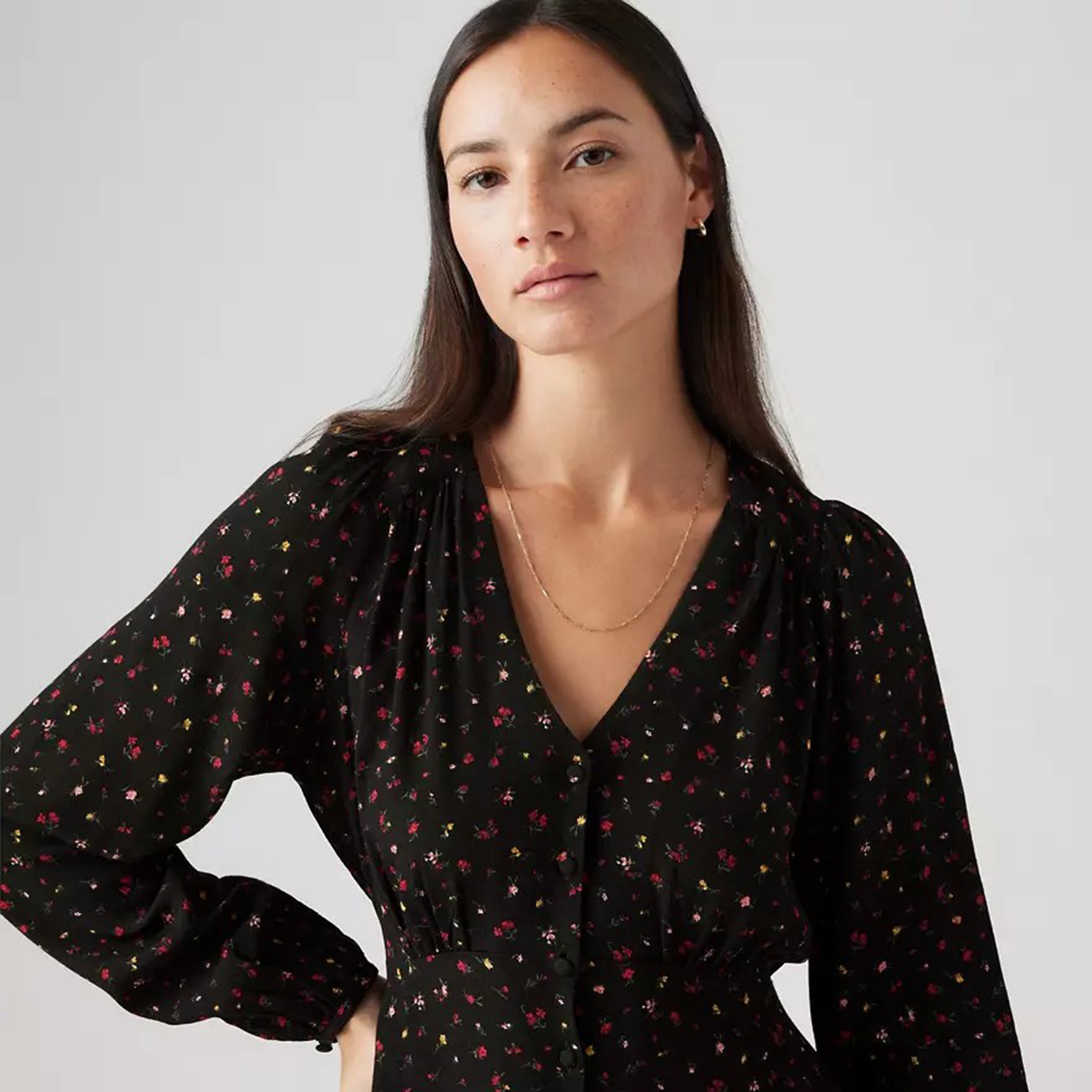 Levi's Black Floral Puff Sleeves Women's A-line Midi Dress-women-clothing-dresses-image-4
