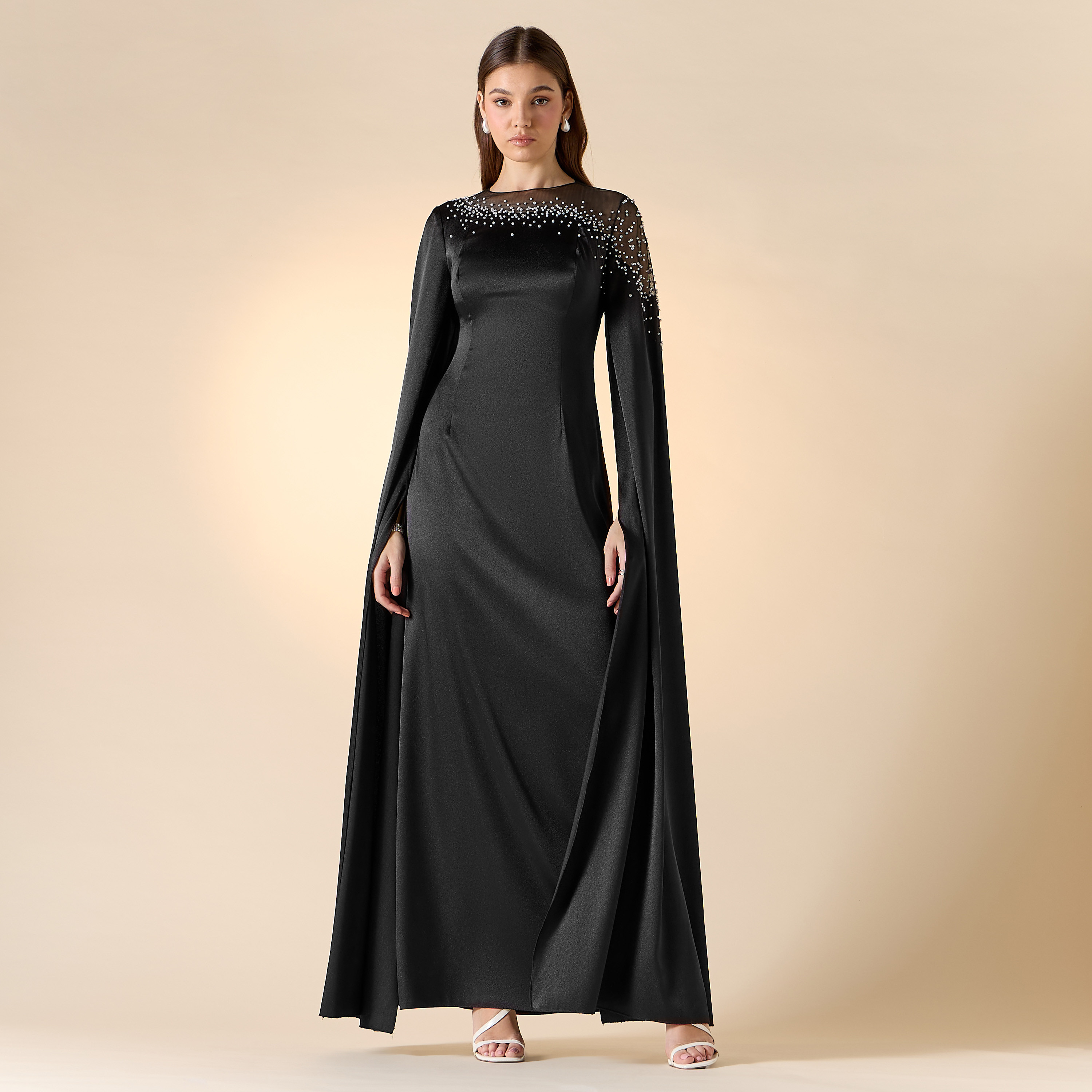 Aara Pearl Embellished Maxi Dress with Round Neck and Long Slit Sleeves-women-clothing-dresses-image-1