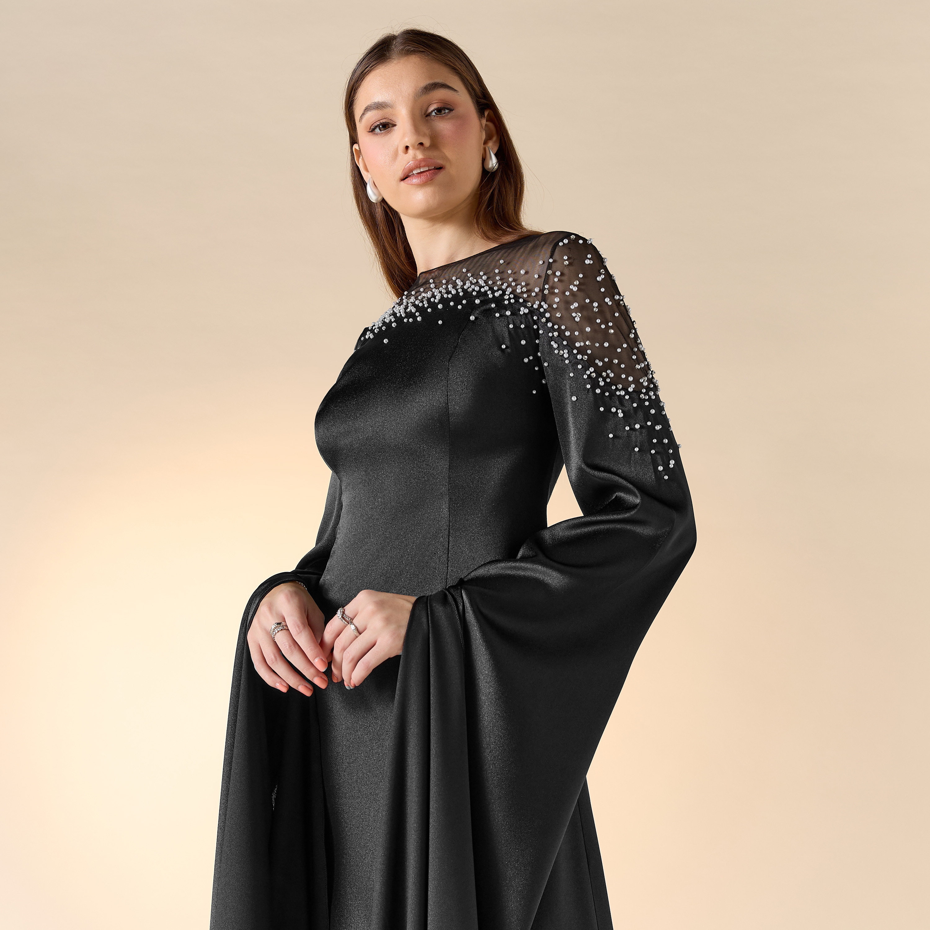 Aara Pearl Embellished Maxi Dress with Round Neck and Long Slit Sleeves-women-clothing-dresses-image-4