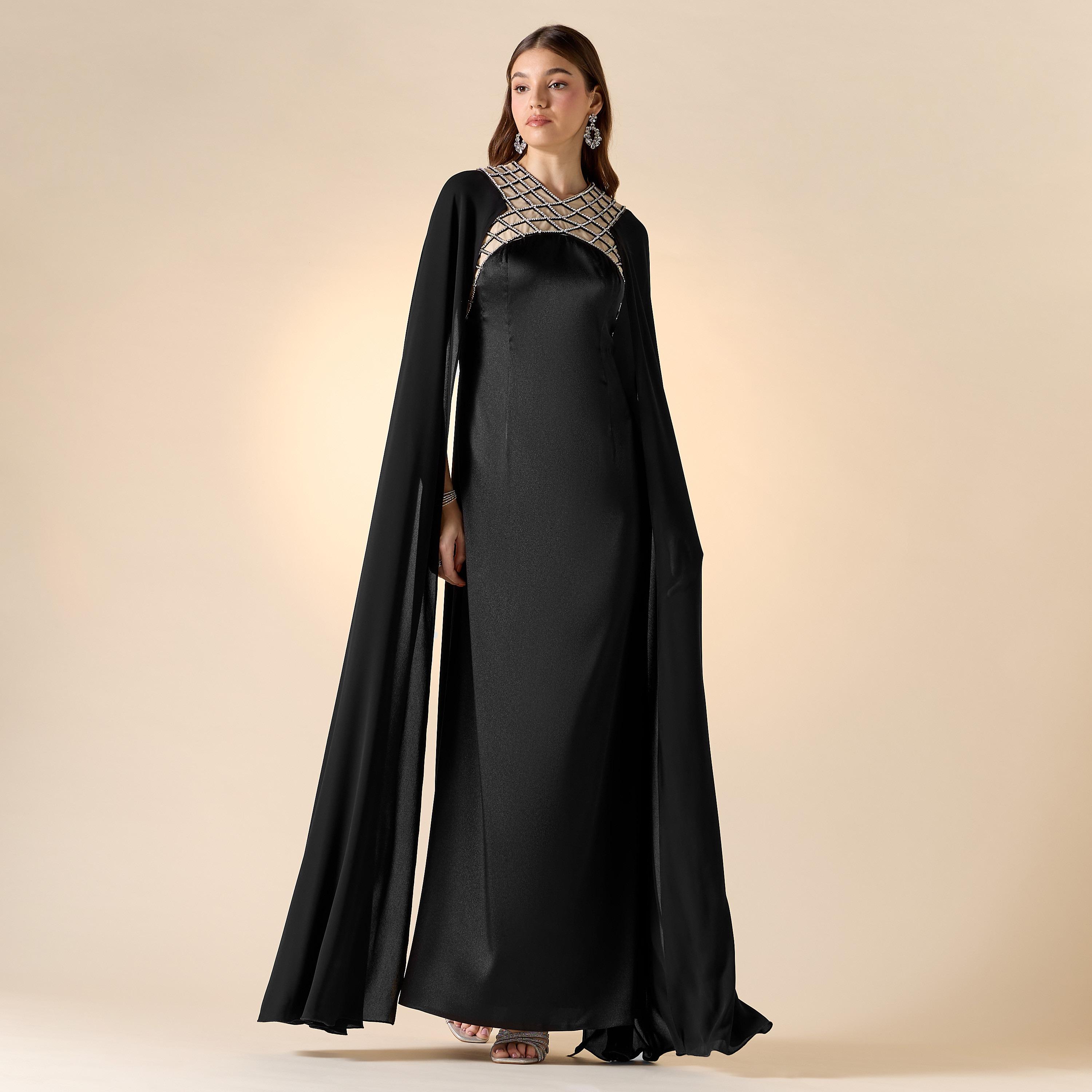 Aara Stone Embellished Maxi Dress with Round Neck and Long Slit Sleeves-women-clothing-dresses-image-1