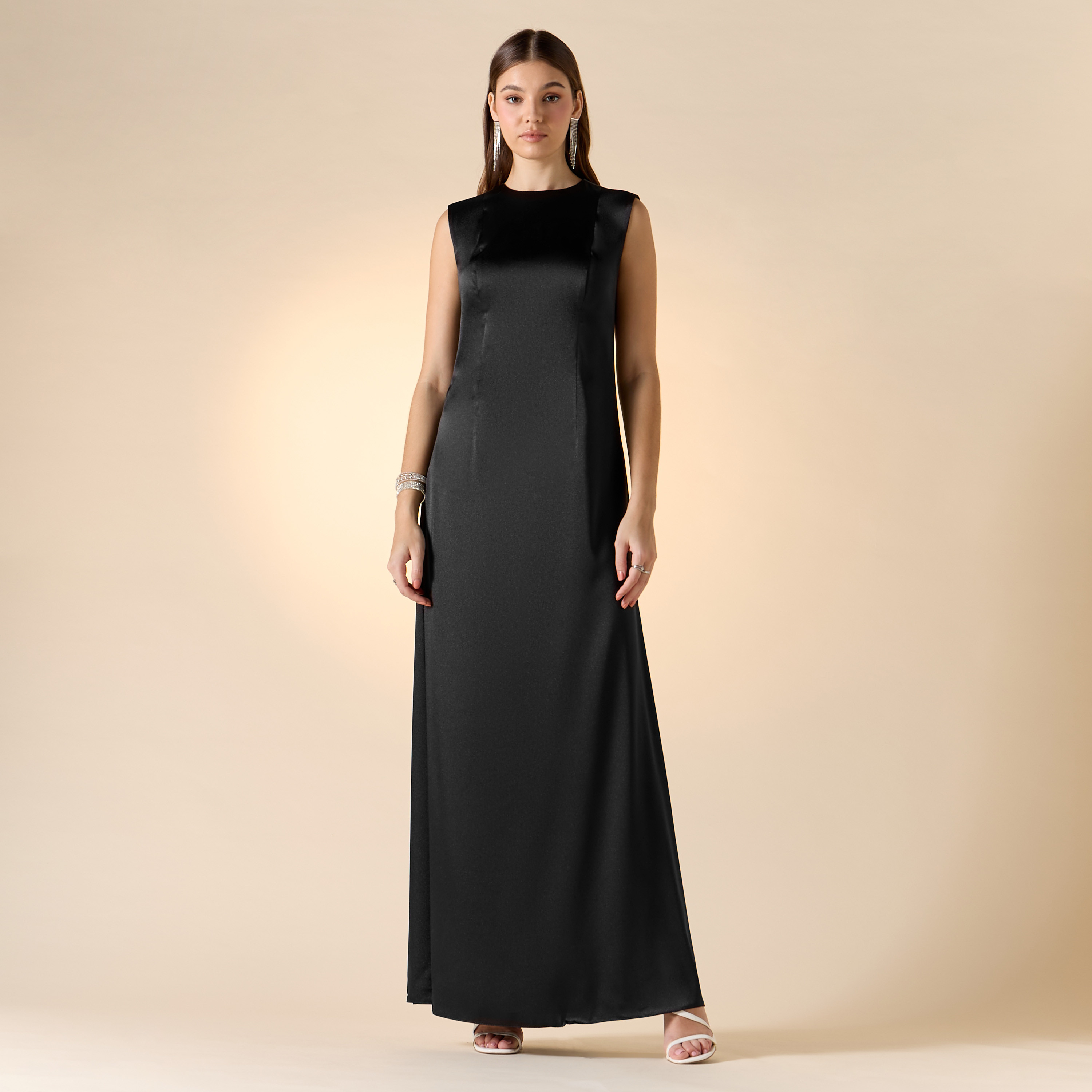 Aara Solid Sleeveless Maxi Dress with Round Neck and Sequin Embellished Cape-women-clothing-dresses-image-2