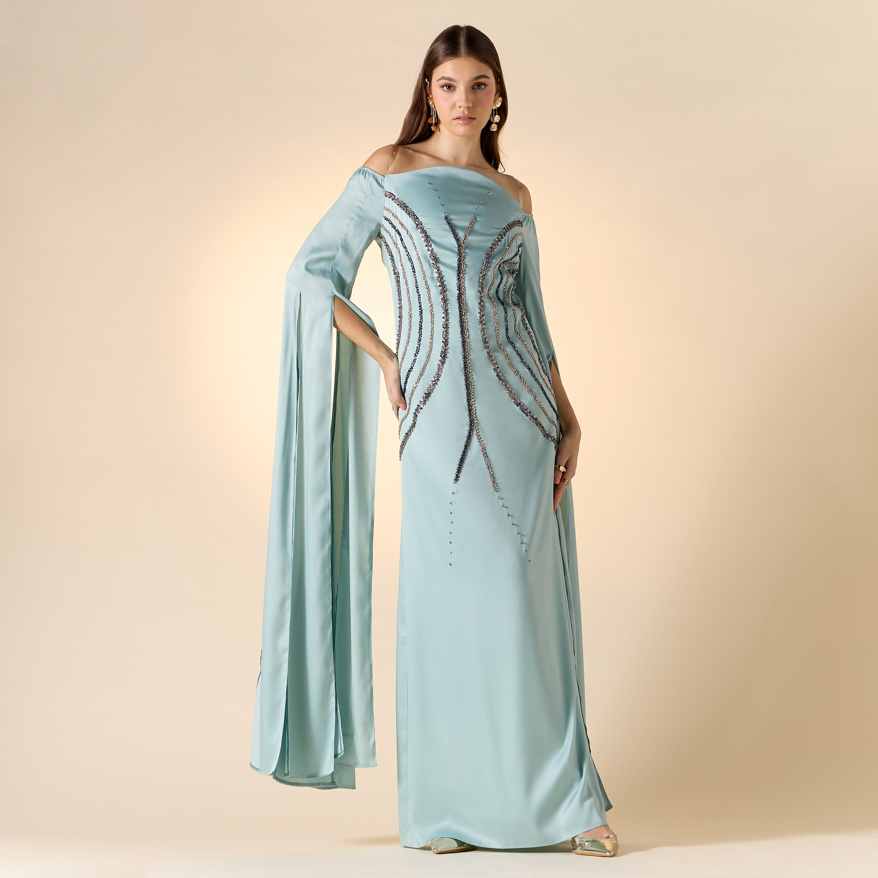Aara Bead Embellished Off Shoulder Maxi Dress with Long Slit Sleeves-women-clothing-dresses-image-1