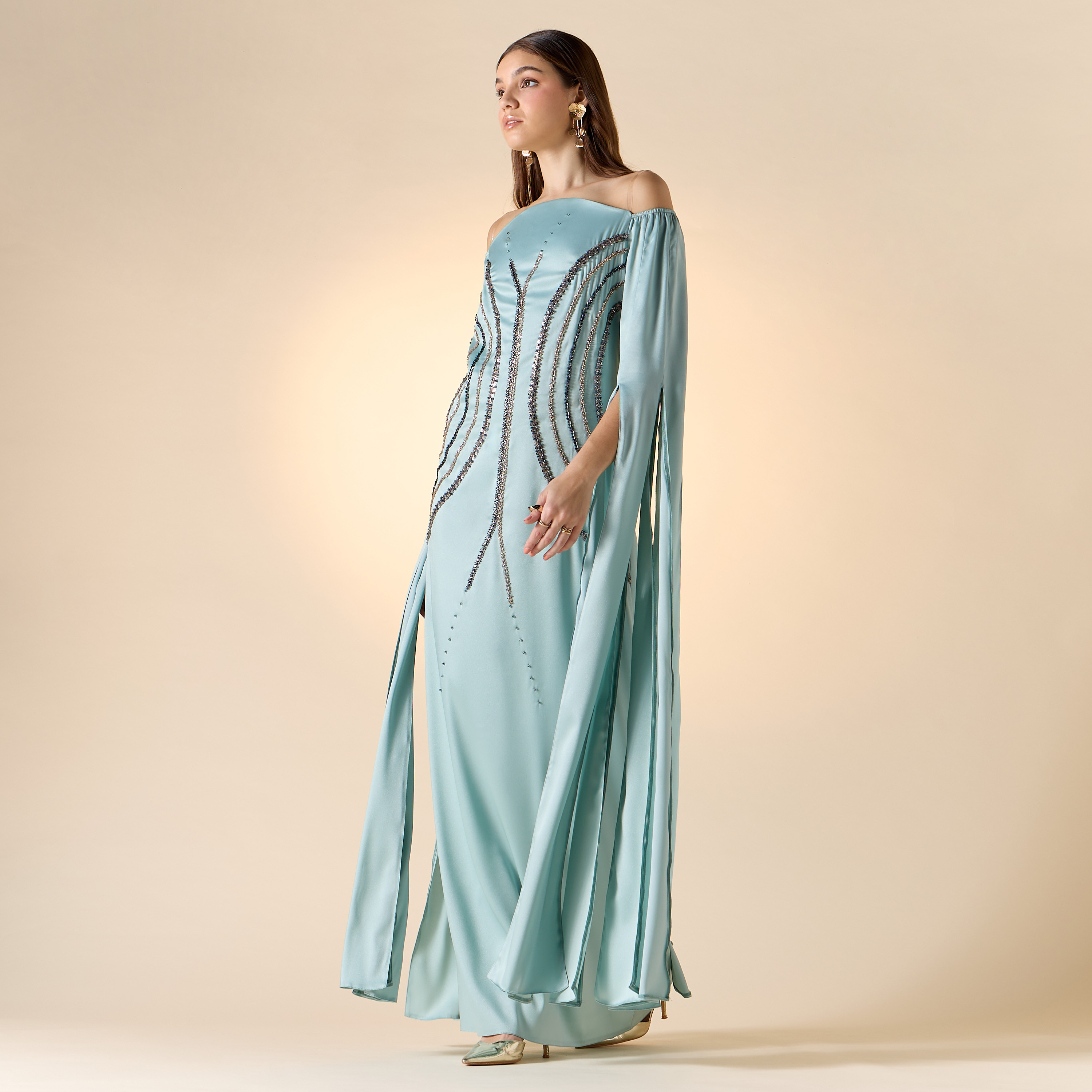 Aara Bead Embellished Off Shoulder Maxi Dress with Long Slit Sleeves-women-clothing-dresses-image-2