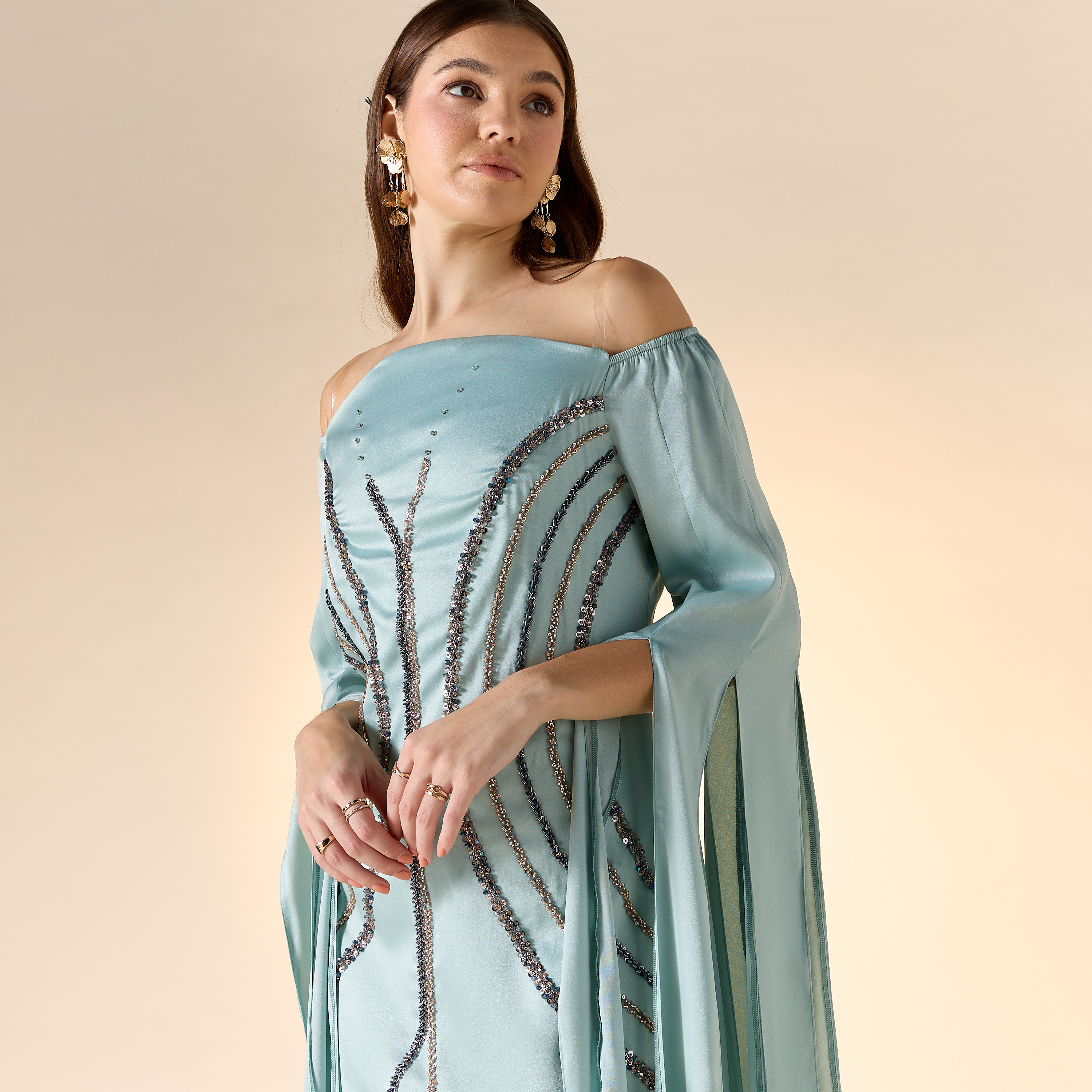 Aara Bead Embellished Off Shoulder Maxi Dress with Long Slit Sleeves-women-clothing-dresses-image-4
