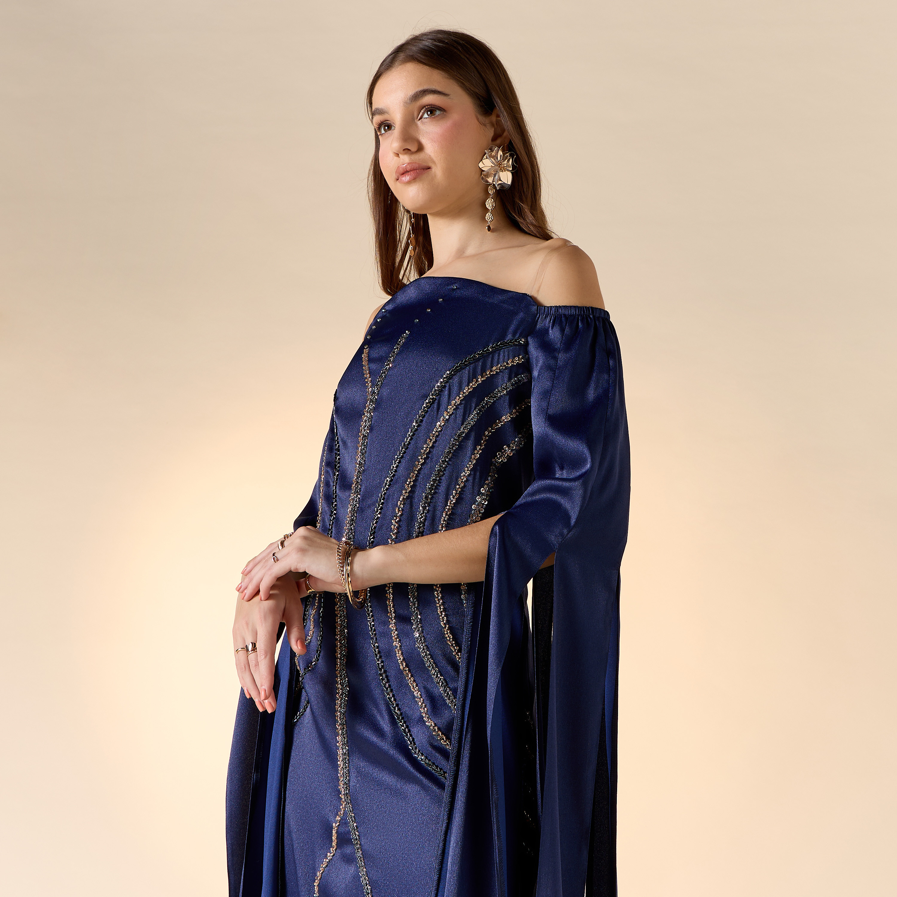 Aara Bead Embellished Off Shoulder Maxi Dress with Long Slit Sleeves-women-clothing-dresses-image-4