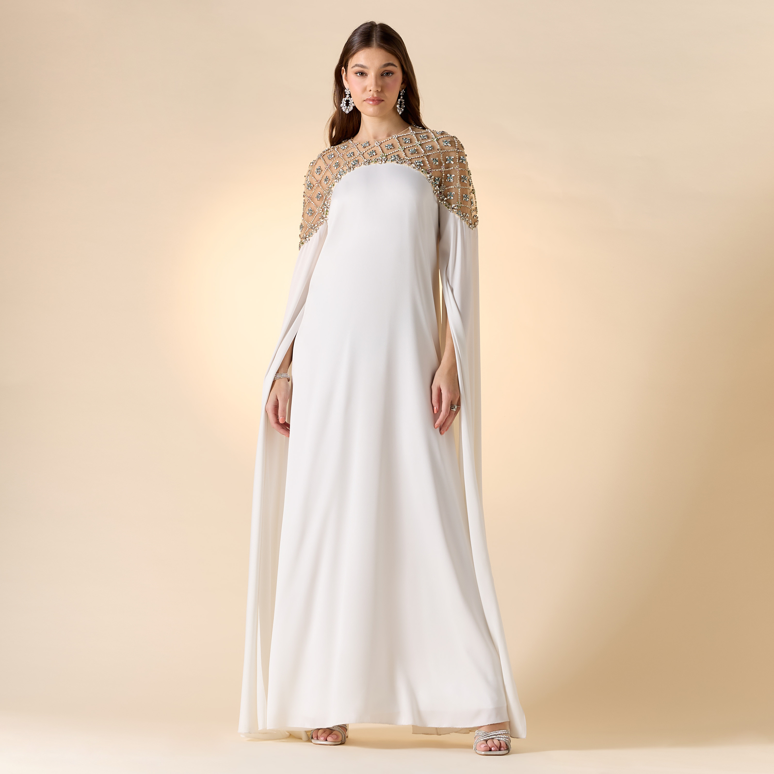 Aara Stone Embellished Maxi Dress with Round Neck and Long Cape Sleeves-women-clothing-dresses-image-1