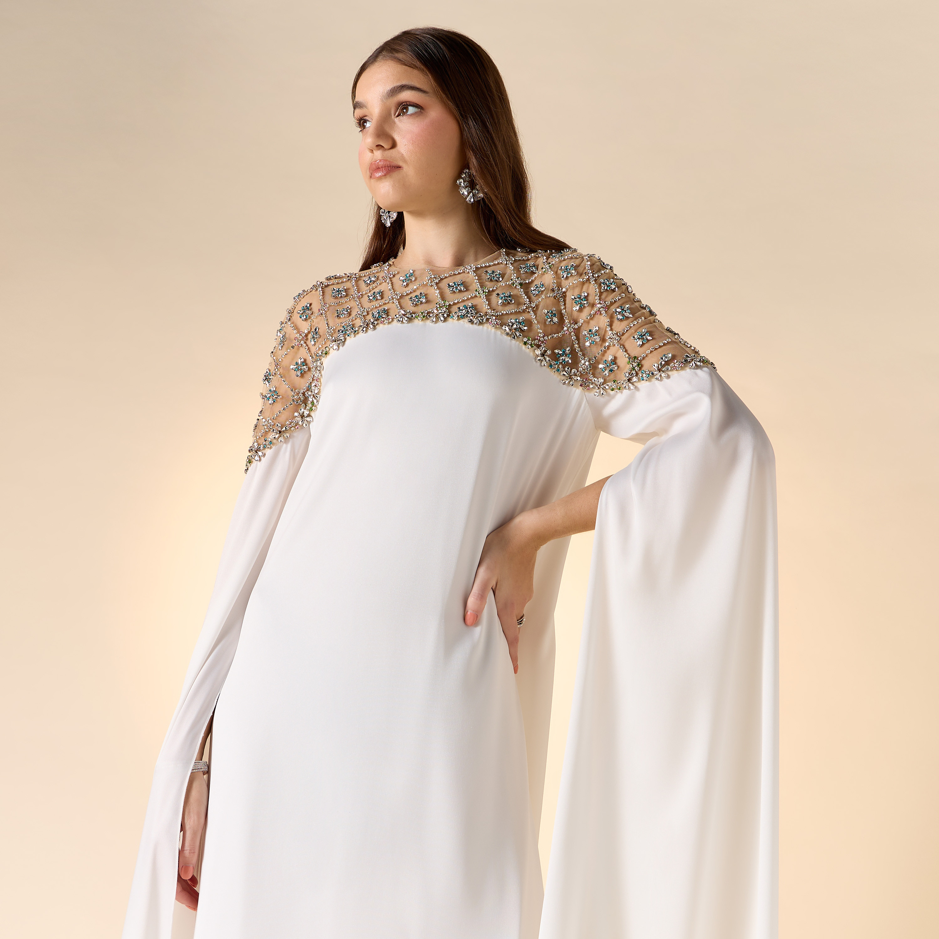 Aara Stone Embellished Maxi Dress with Round Neck and Long Cape Sleeves-women-clothing-dresses-image-4