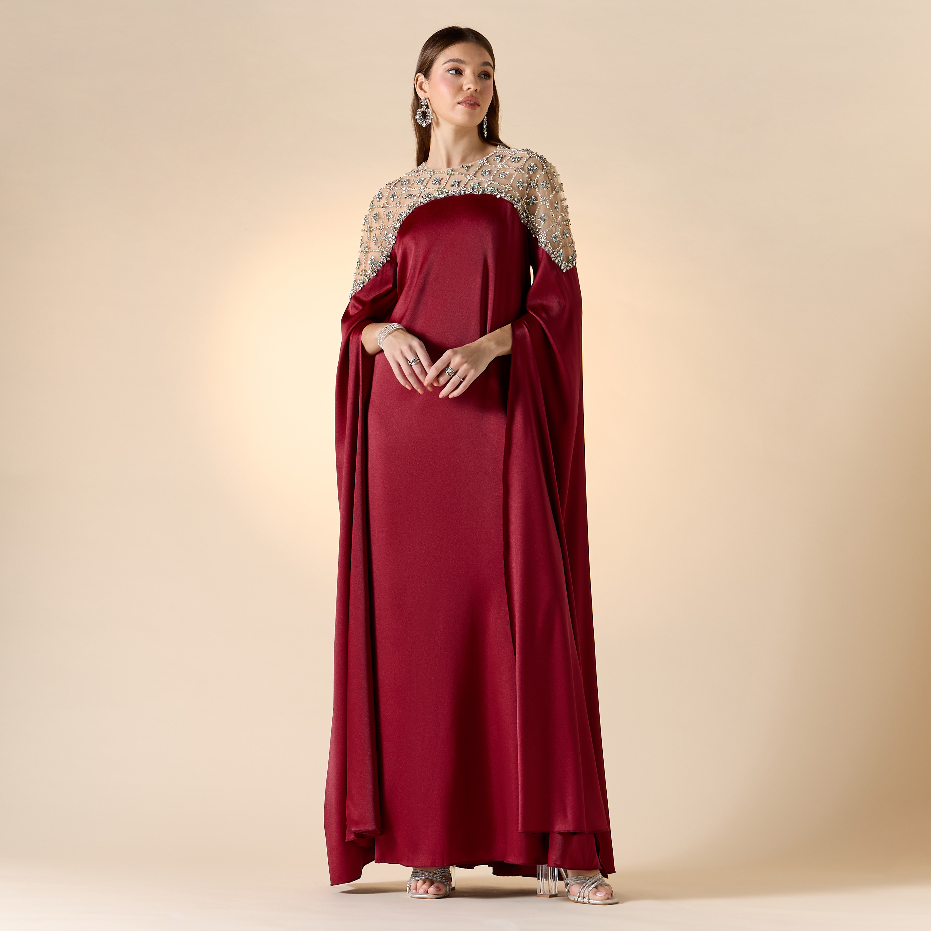 Aara Stone Embellished Maxi Dress with Round Neck and Long Cape Sleeves-women-clothing-dresses-image-1