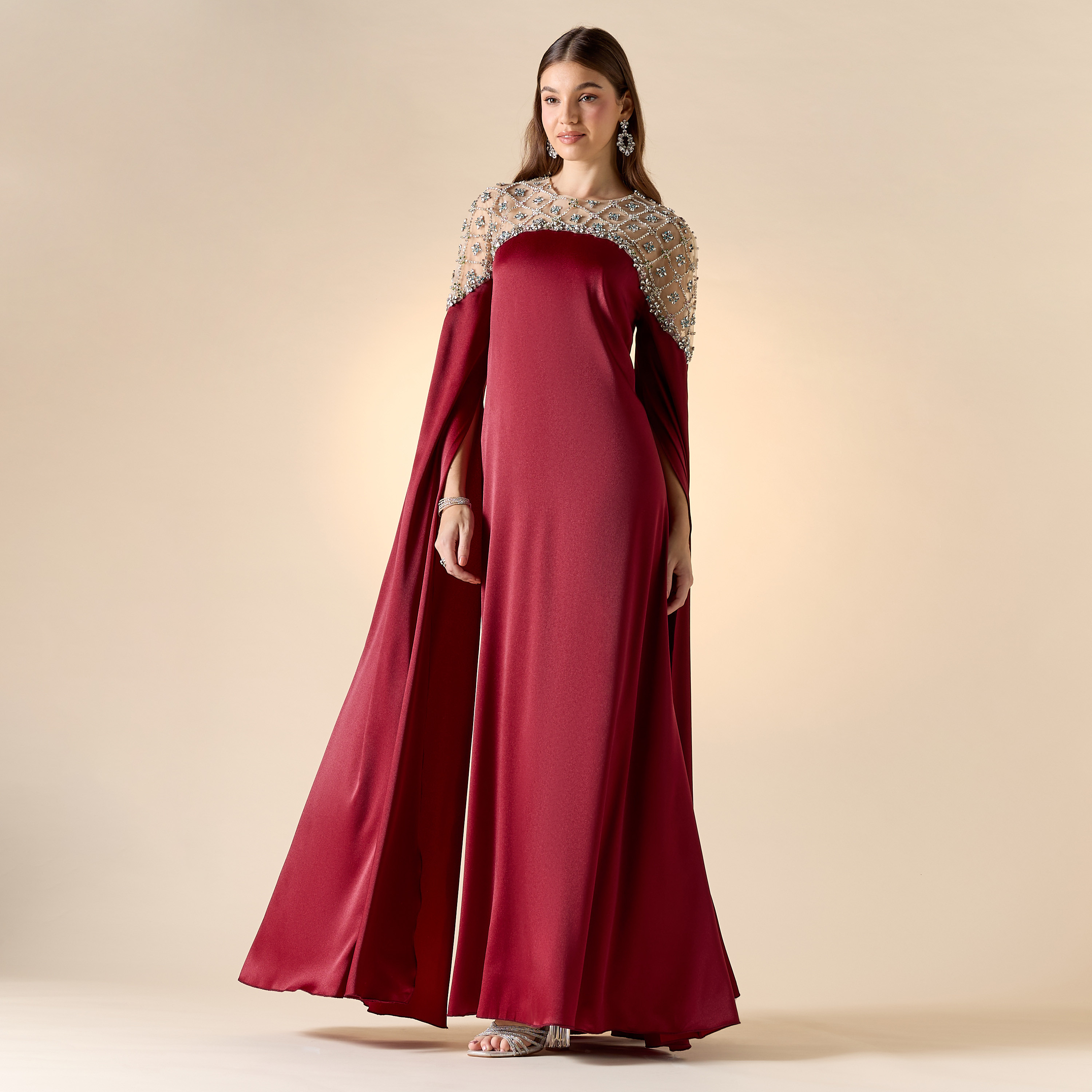 Aara Stone Embellished Maxi Dress with Round Neck and Long Cape Sleeves-women-clothing-dresses-image-2