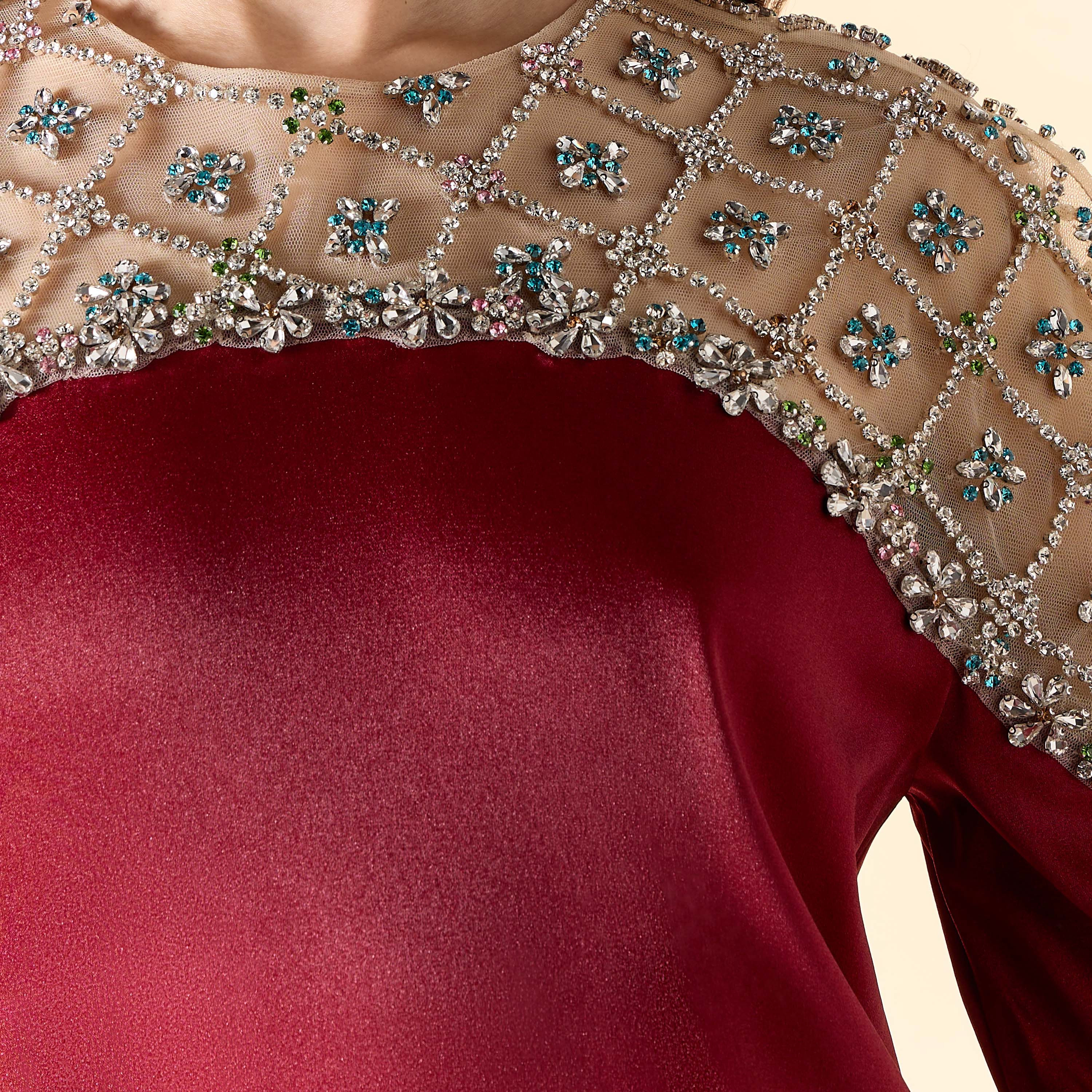 Aara Stone Embellished Maxi Dress with Round Neck and Long Cape Sleeves-women-clothing-dresses-image-5