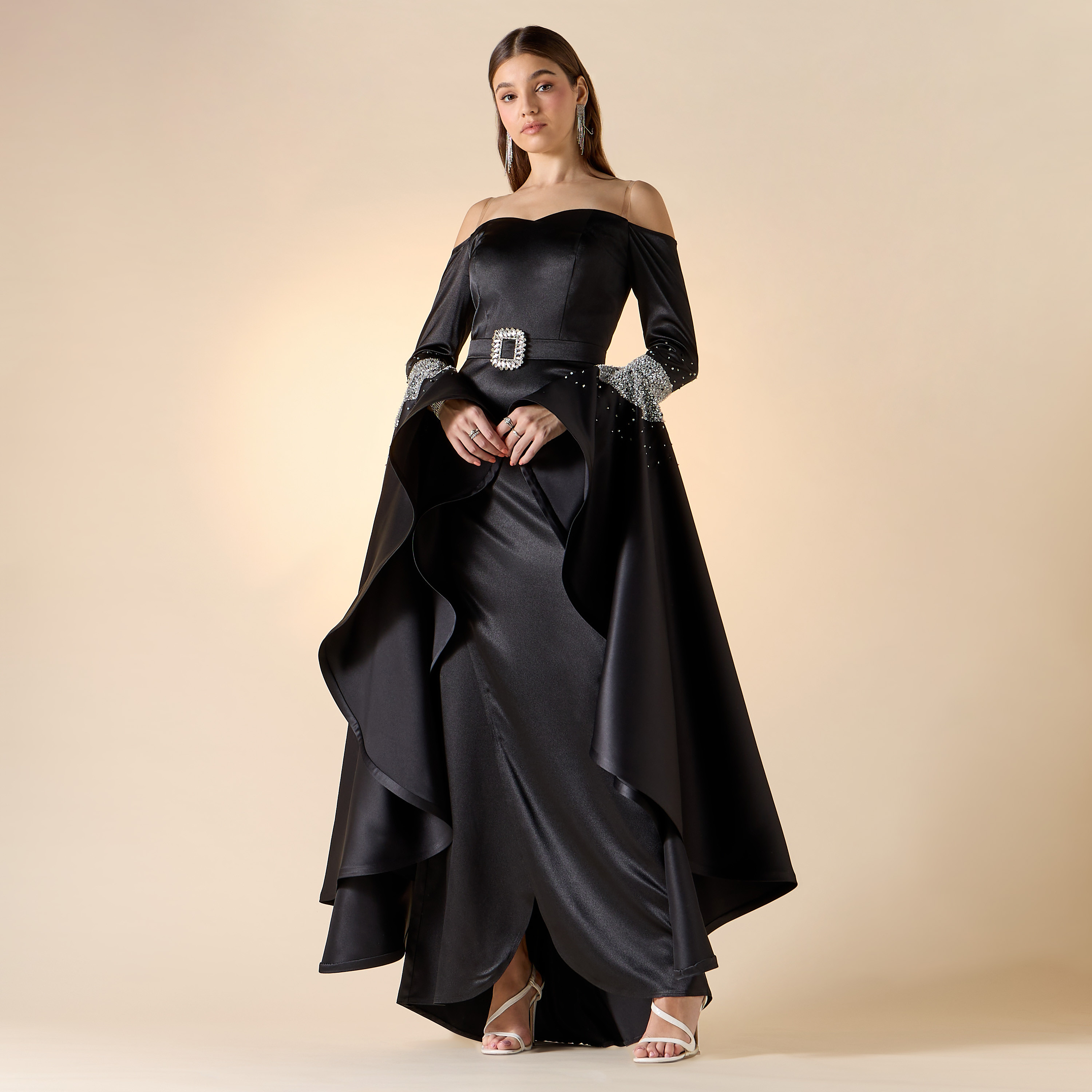 Aara Stone Embellished Off Shoulder Maxi Dress with Long Bell Sleeves-women-clothing-dresses-image-1