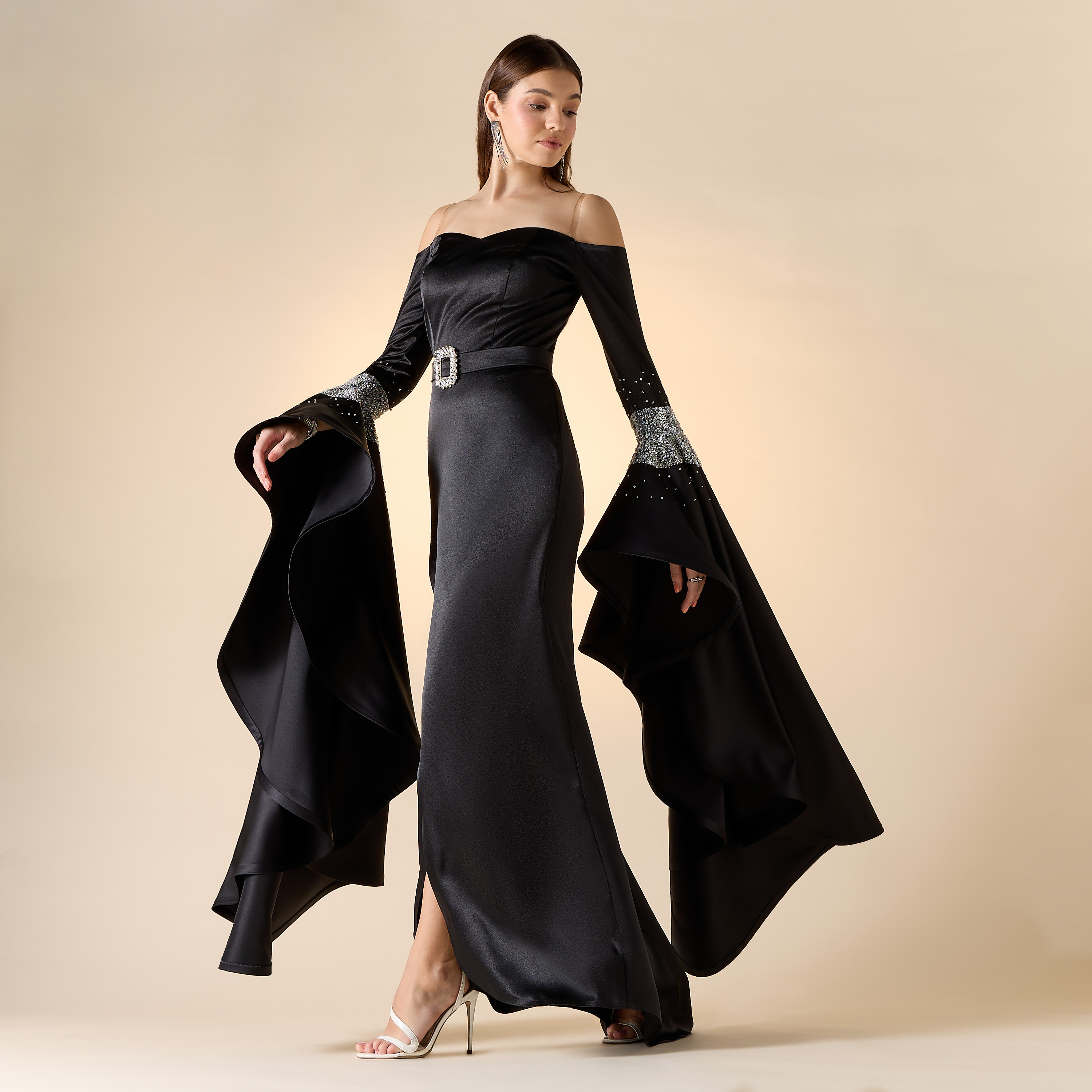Aara Stone Embellished Off Shoulder Maxi Dress with Long Bell Sleeves-women-clothing-dresses-image-2