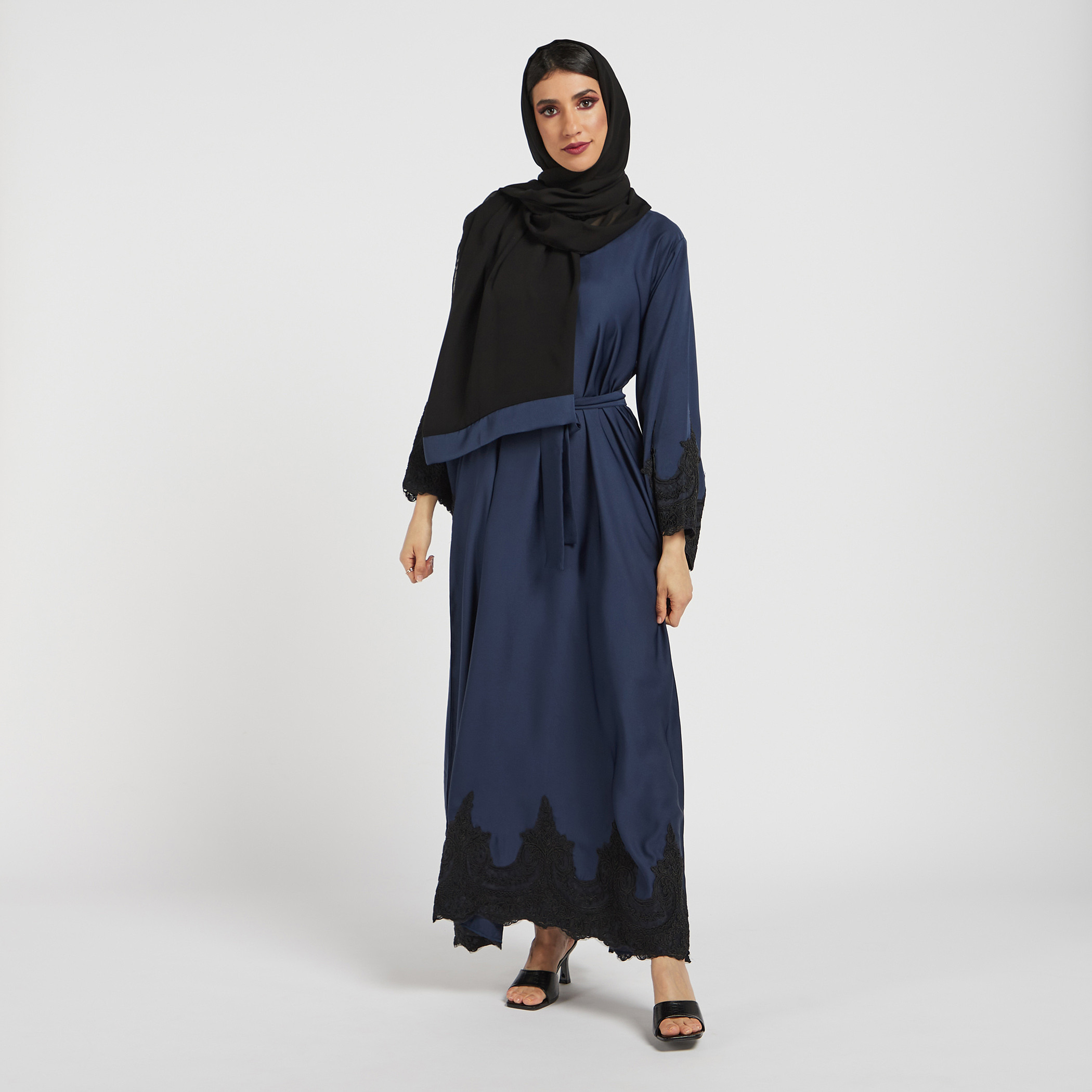 Nukhbaa Lace Detail Abaya with Belt Tie-Ups and Hijab-women-arabicclothing-abayas-image-1