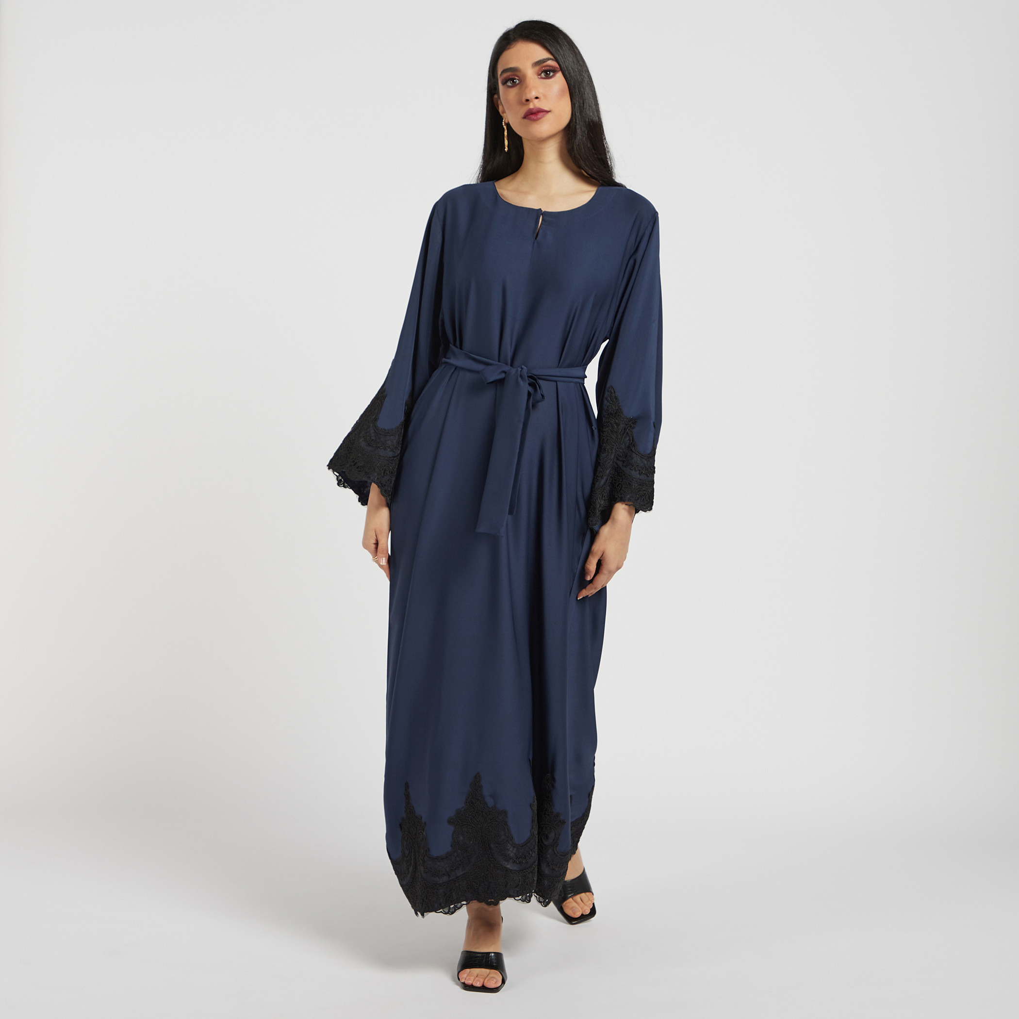 Nukhbaa Lace Detail Abaya with Belt Tie-Ups and Hijab-women-arabicclothing-abayas-image-2