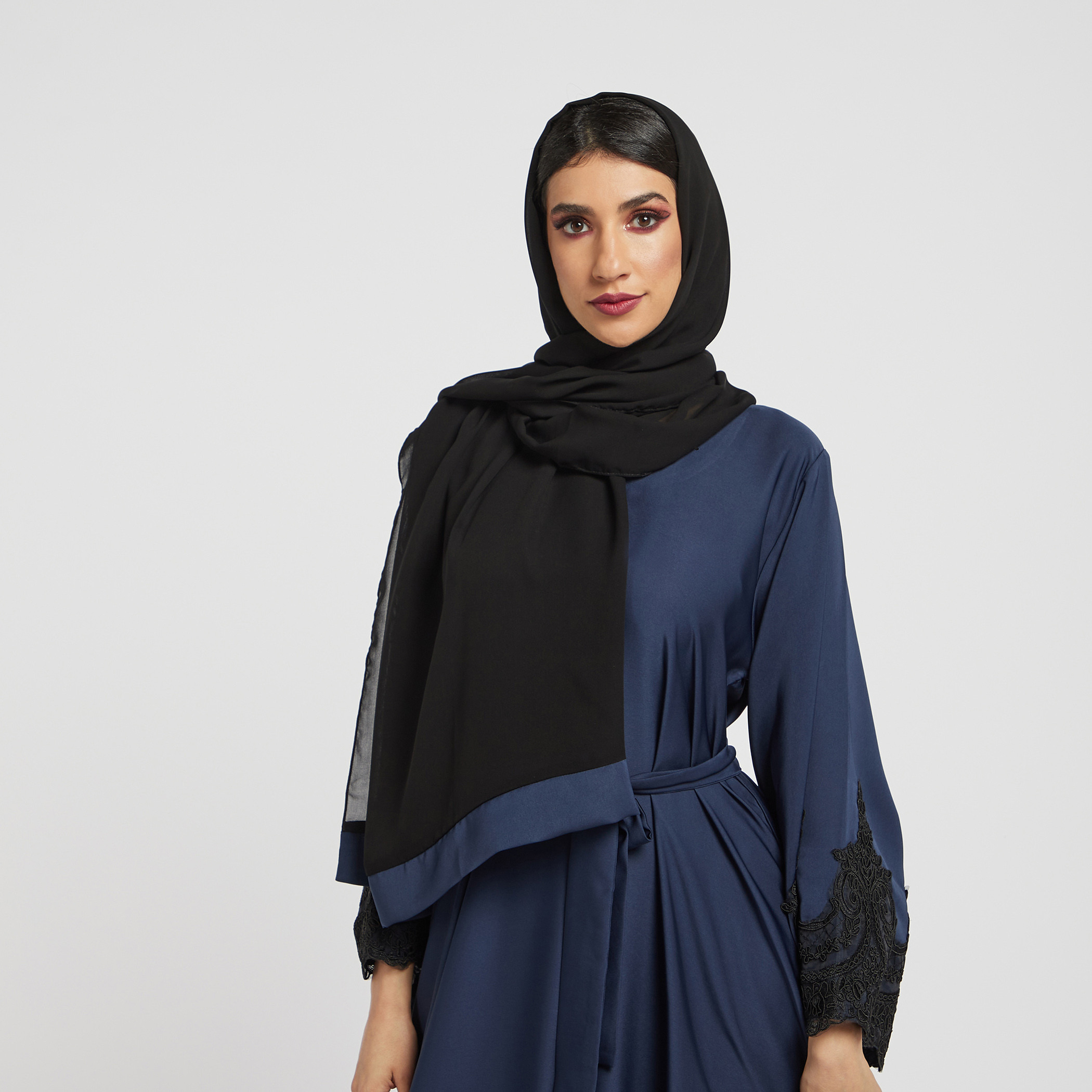 Nukhbaa Lace Detail Abaya with Belt Tie-Ups and Hijab-women-arabicclothing-abayas-image-3