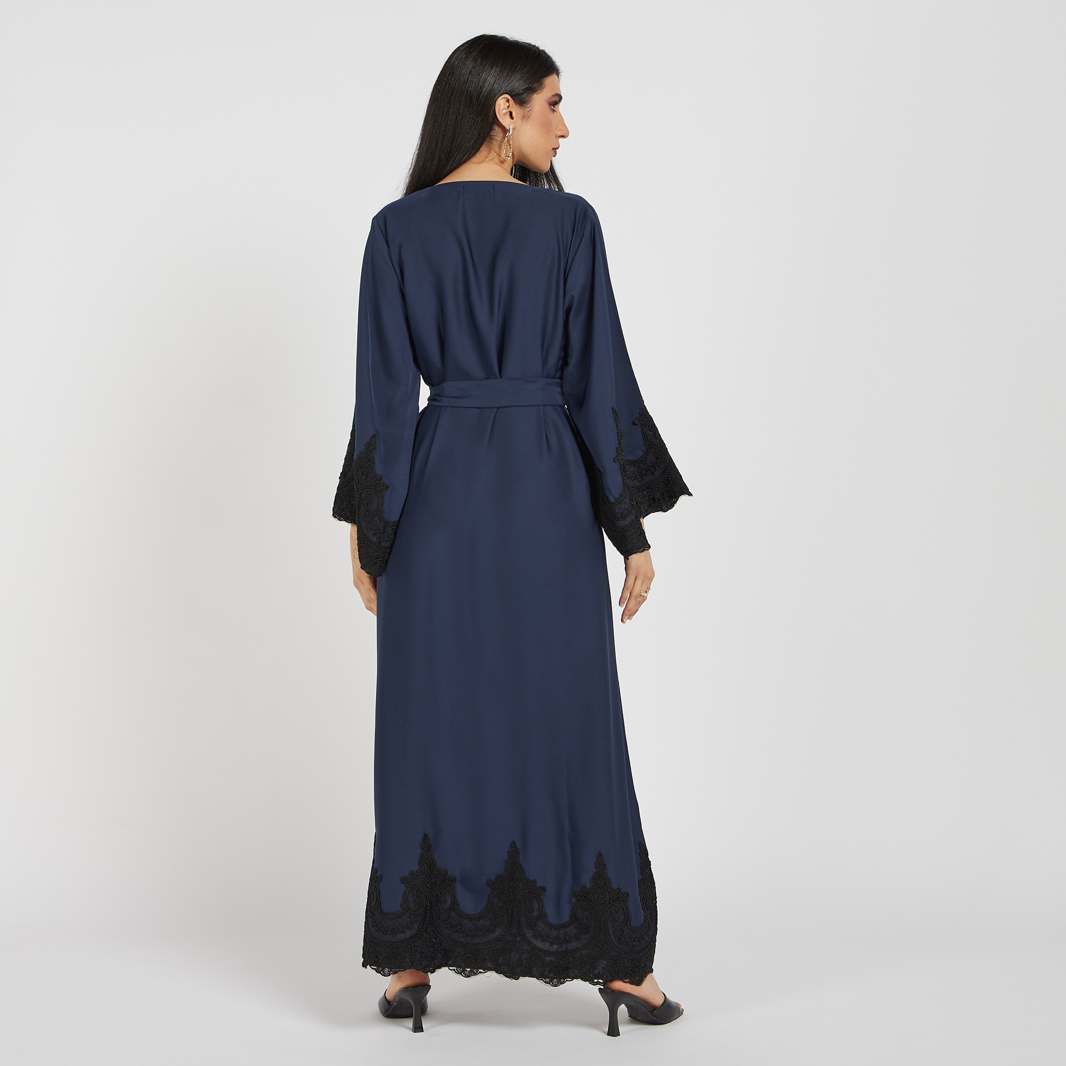 Nukhbaa Lace Detail Abaya with Belt Tie-Ups and Hijab-women-arabicclothing-abayas-image-4