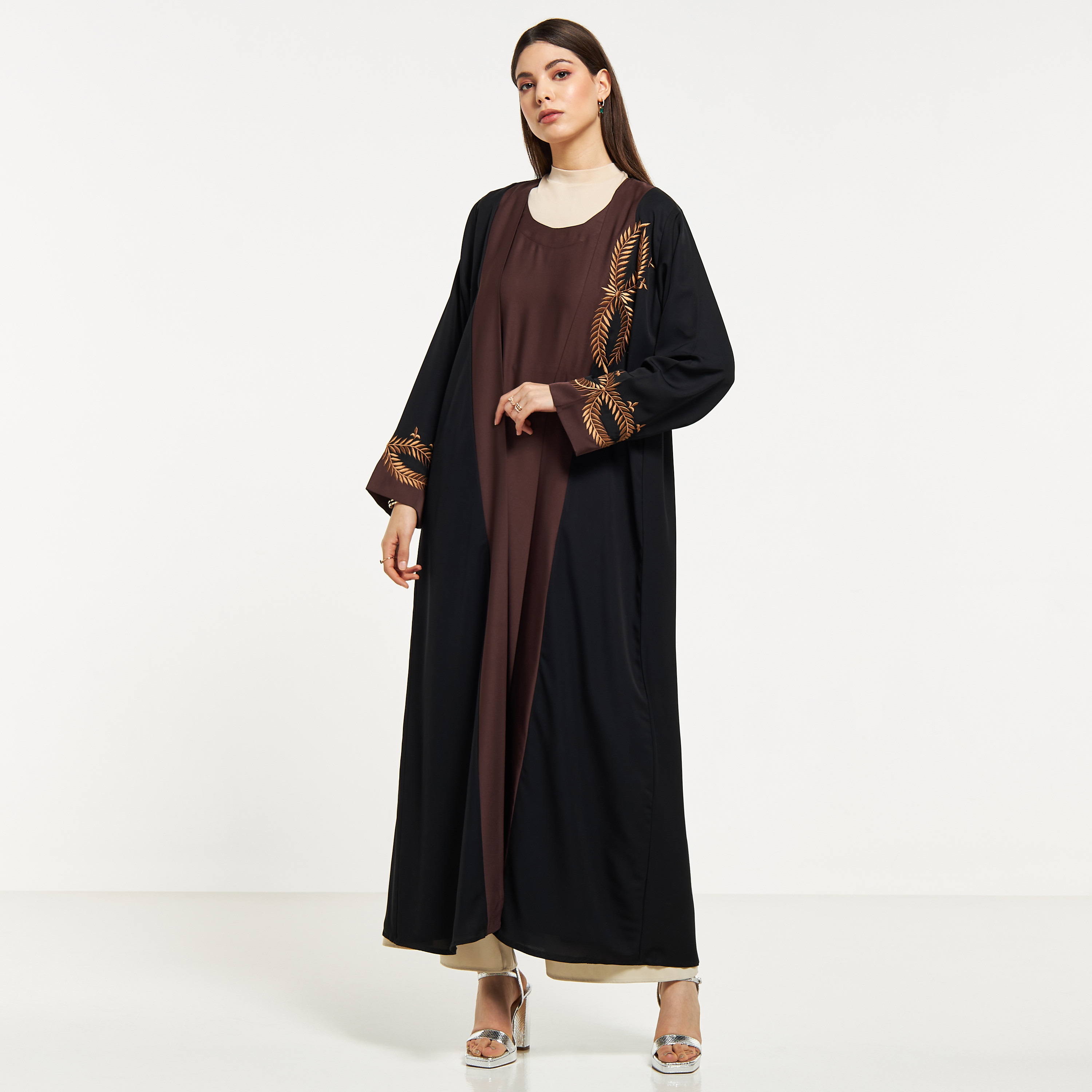 Nukhbaa Embroidered Abaya with Hijab and Tie-Up Belt-women-arabicclothing-abayas-image-1