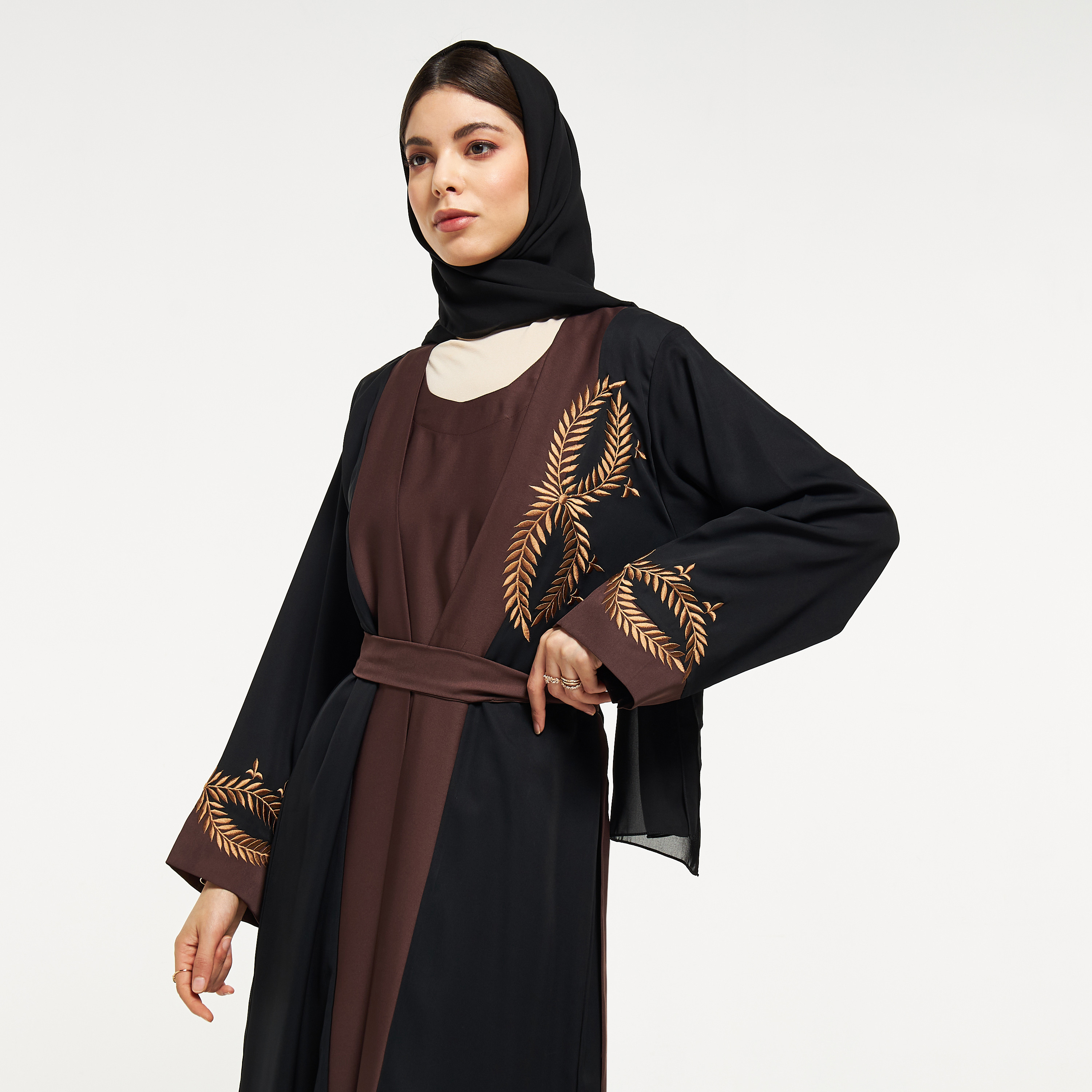 Nukhbaa Embroidered Abaya with Hijab and Tie-Up Belt-women-arabicclothing-abayas-image-2