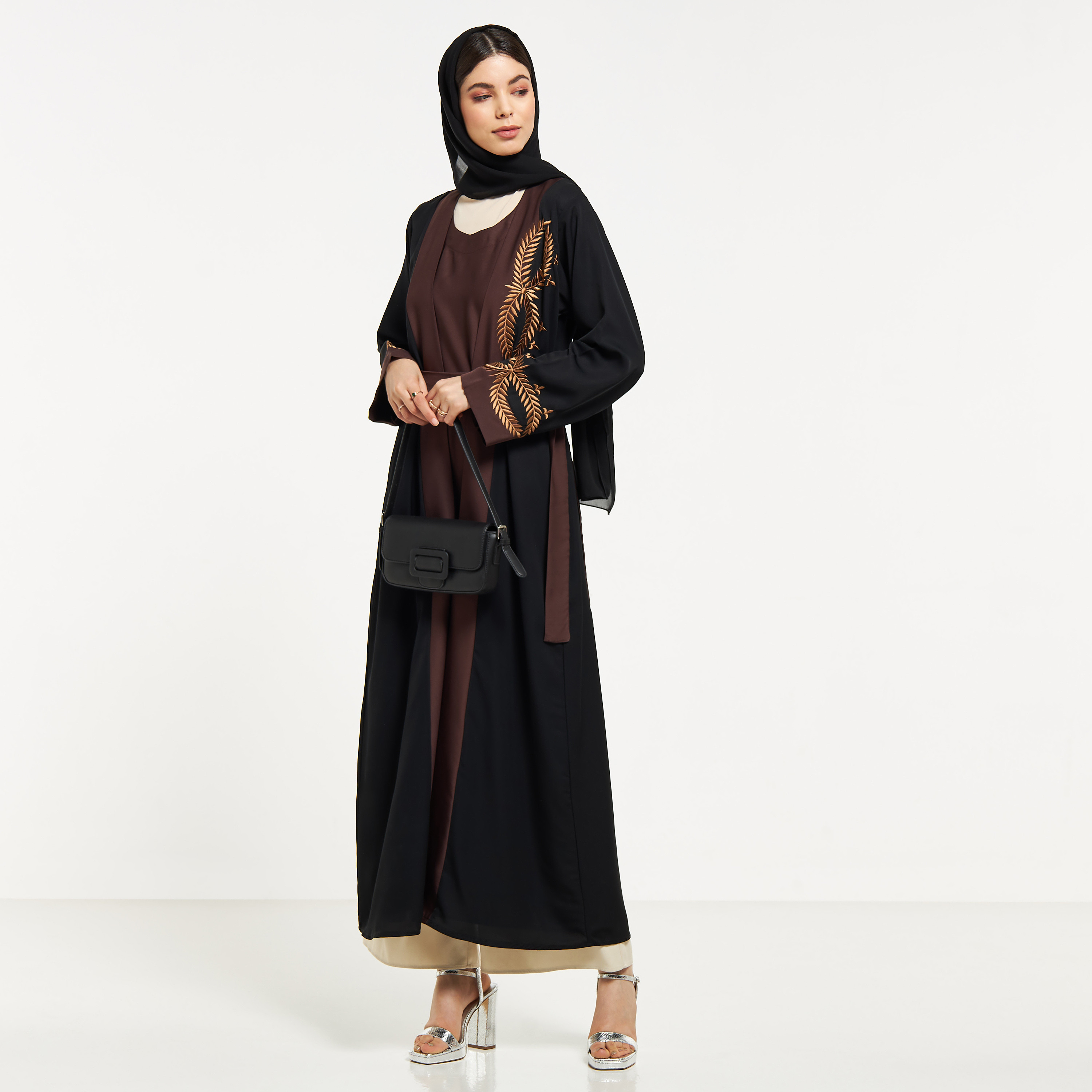 Nukhbaa Embroidered Abaya with Hijab and Tie-Up Belt-women-arabicclothing-abayas-image-4
