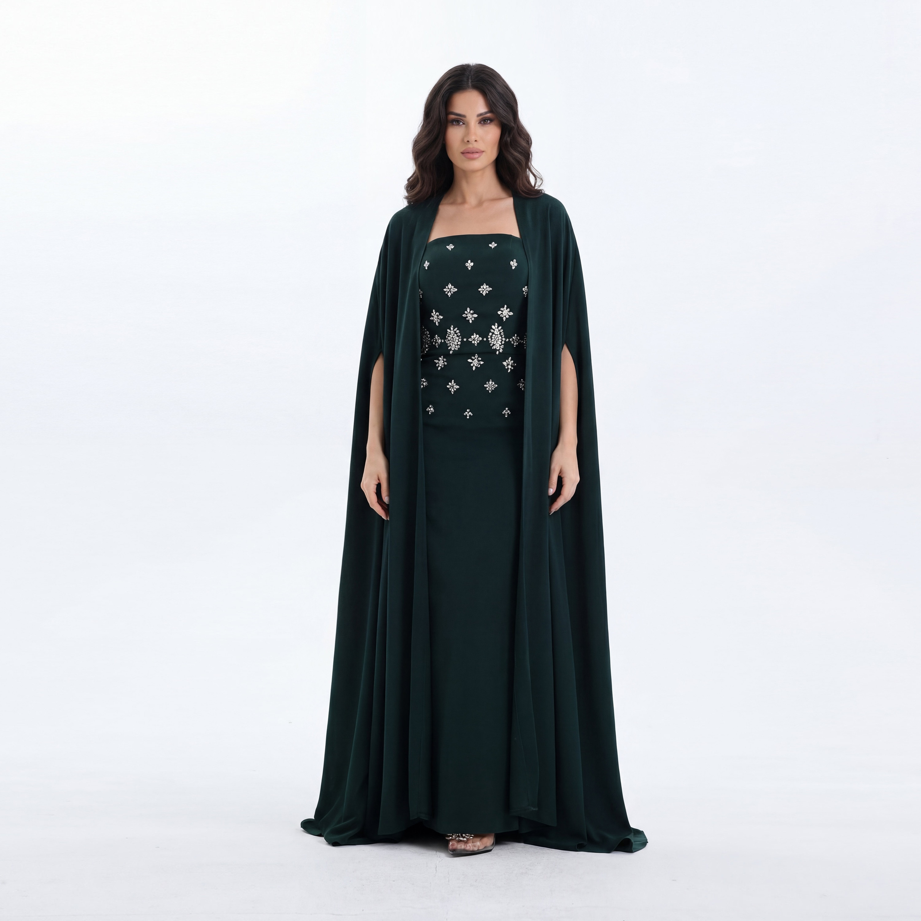 Akadia Crystal Work Crepe Strapless Flared Evening Women's Maxi Dress with Cape Overlay Sleeves-women-clothing-dresses-image-1