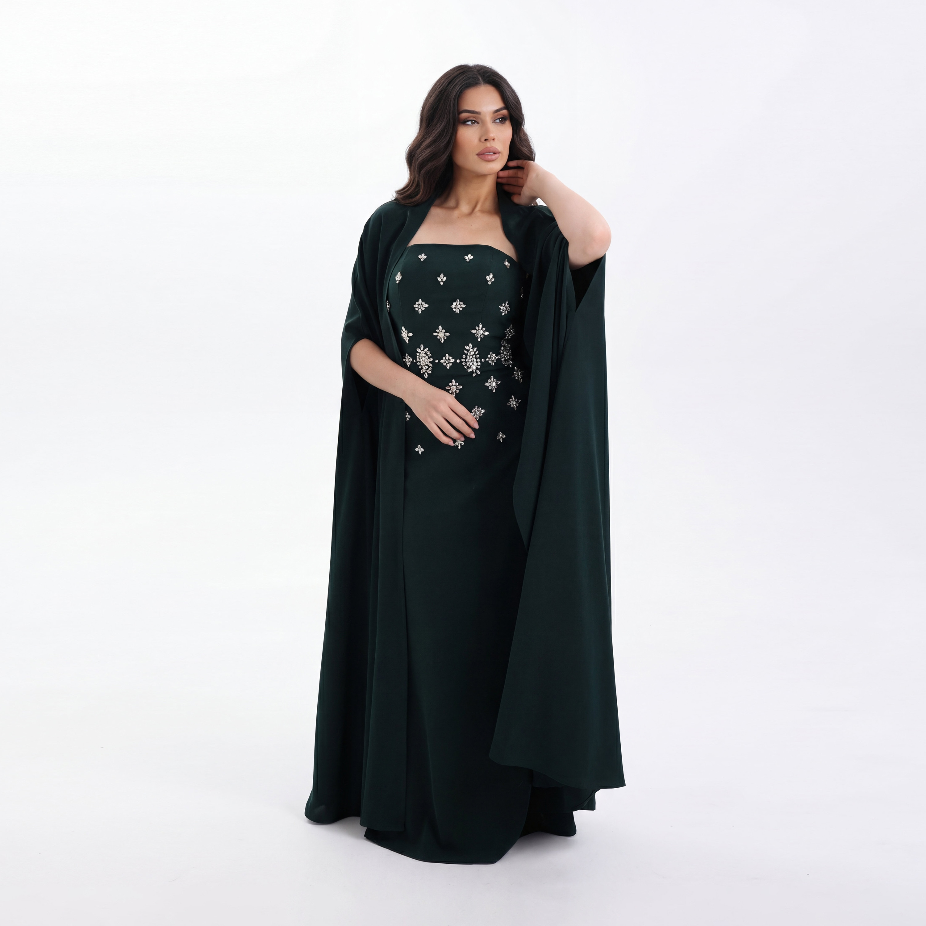 Akadia Crystal Work Crepe Strapless Flared Evening Women's Maxi Dress with Cape Overlay Sleeves-women-clothing-dresses-image-3