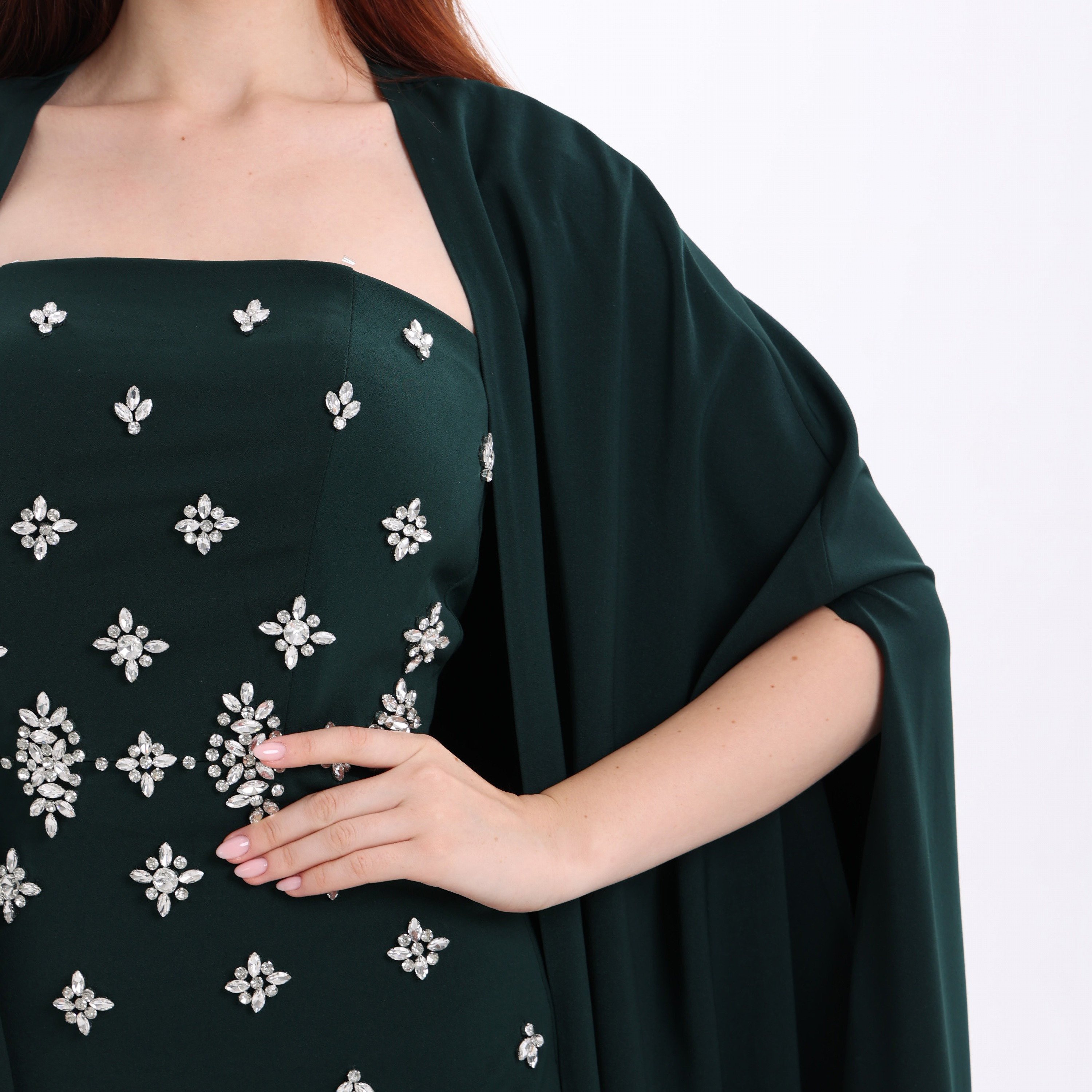 Akadia Crystal Work Crepe Strapless Flared Evening Women's Maxi Dress with Cape Overlay Sleeves-women-clothing-dresses-image-5