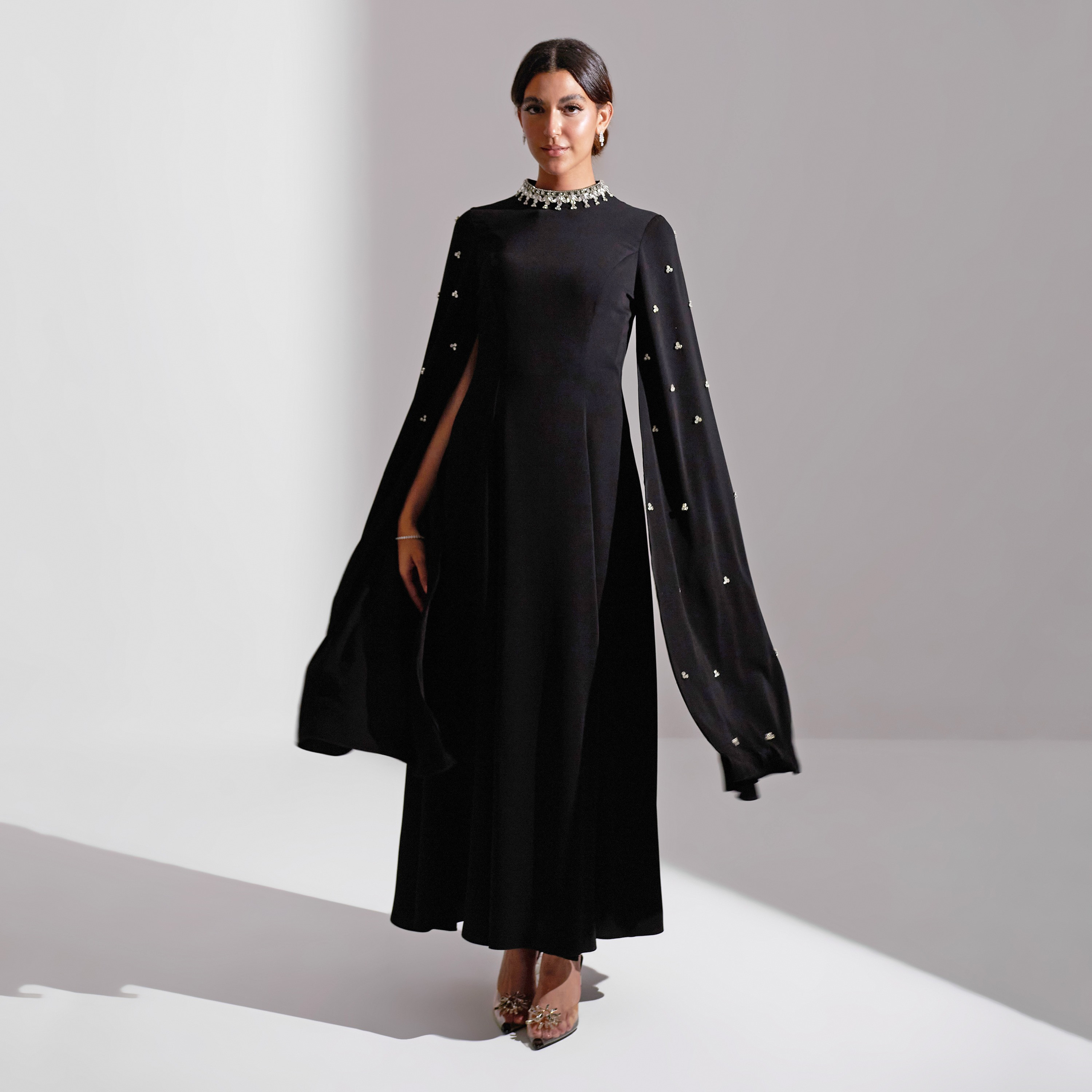 Akadia Embellished and Crystal Neck Flared Sleeves Crepe Evening Women's Maxi Dress-women-clothing-dresses-image-2