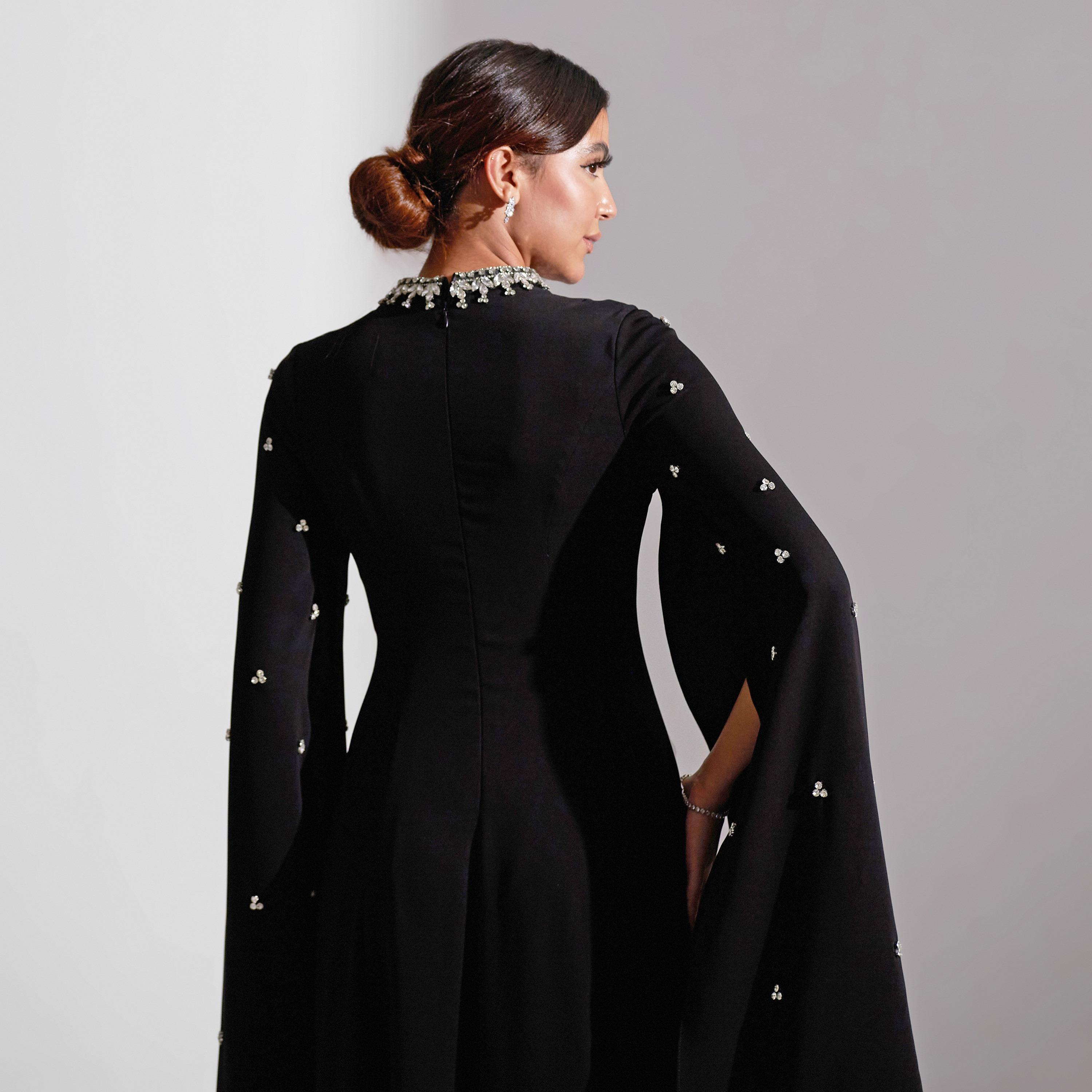 Akadia Embellished and Crystal Neck Flared Sleeves Crepe Evening Women's Maxi Dress-women-clothing-dresses-image-5