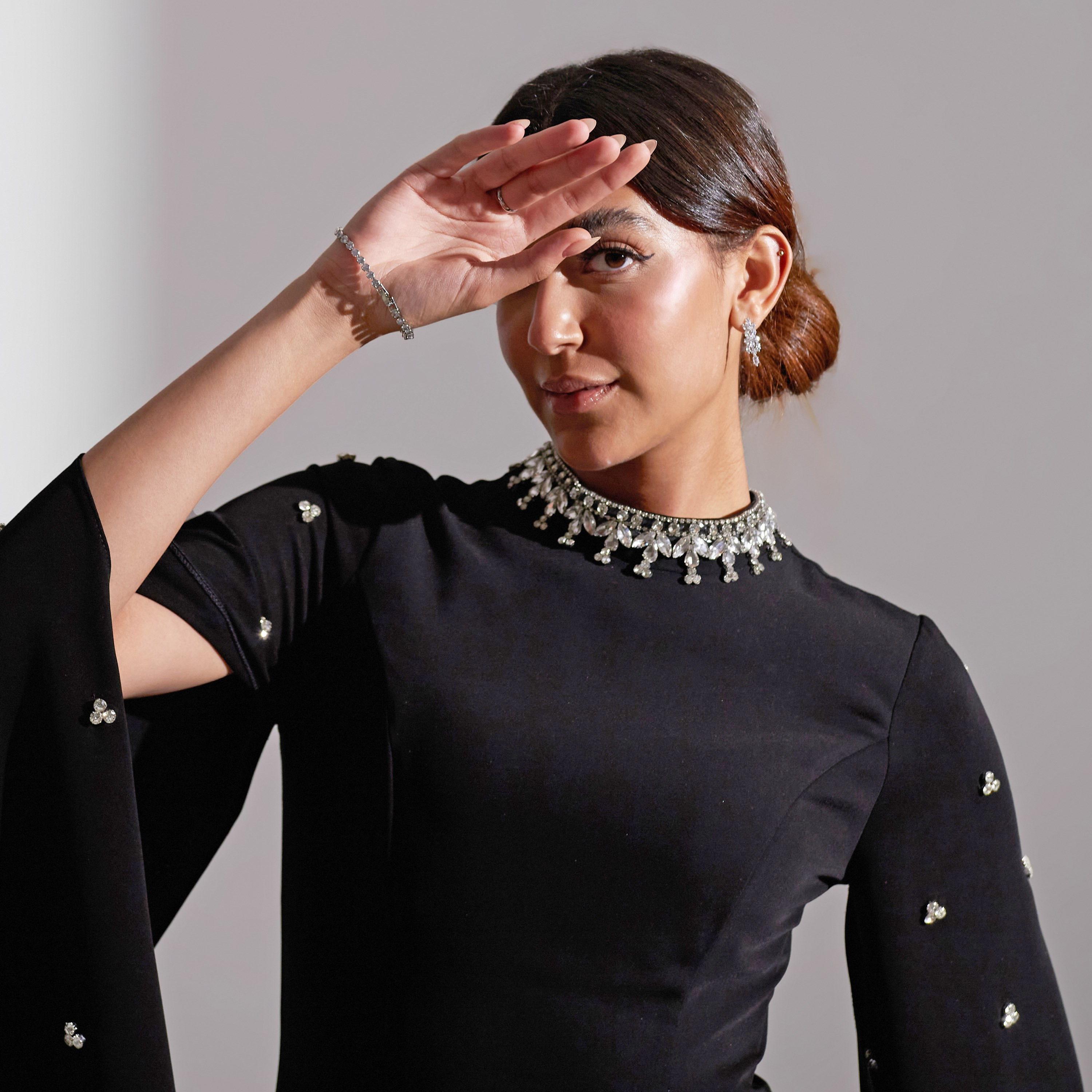 Akadia Embellished and Crystal Neck Flared Sleeves Crepe Evening Women's Maxi Dress-women-clothing-dresses-image-6