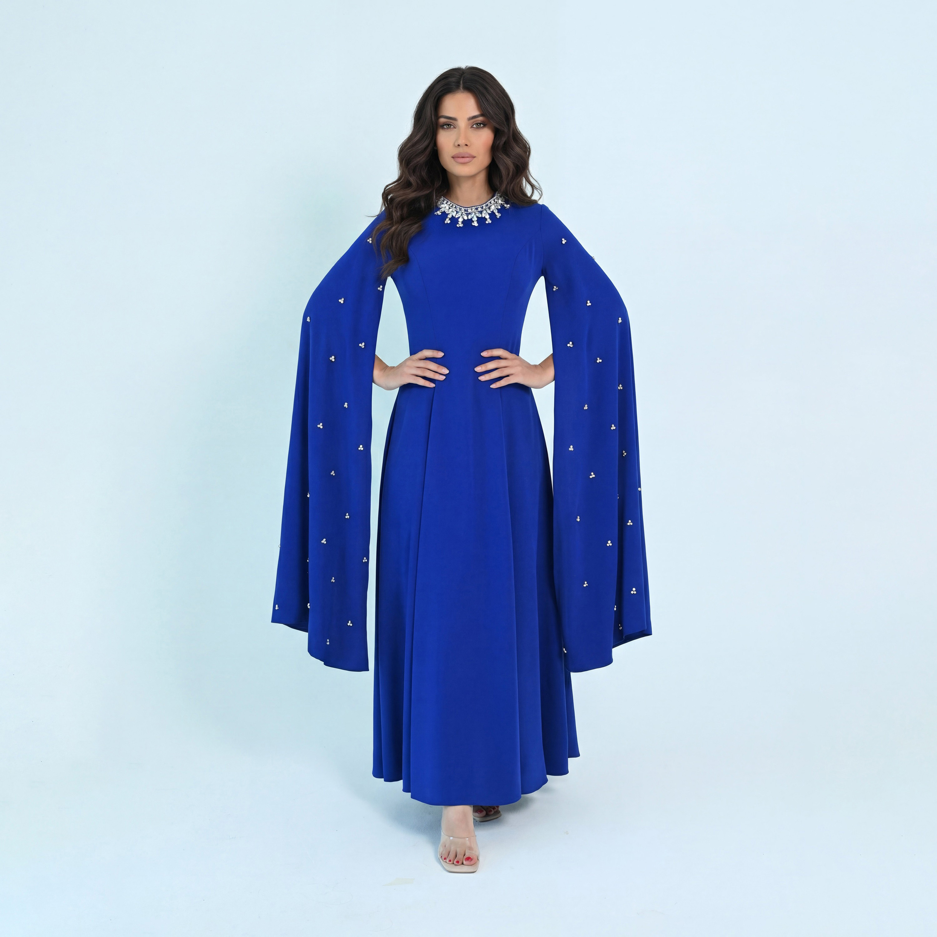 Akadia Crystal Work Crepe Mock Neck Cape Sleeves Fit & Flared Royal Blue Evening Women's Maxi Dress-women-clothing-dresses-image-1
