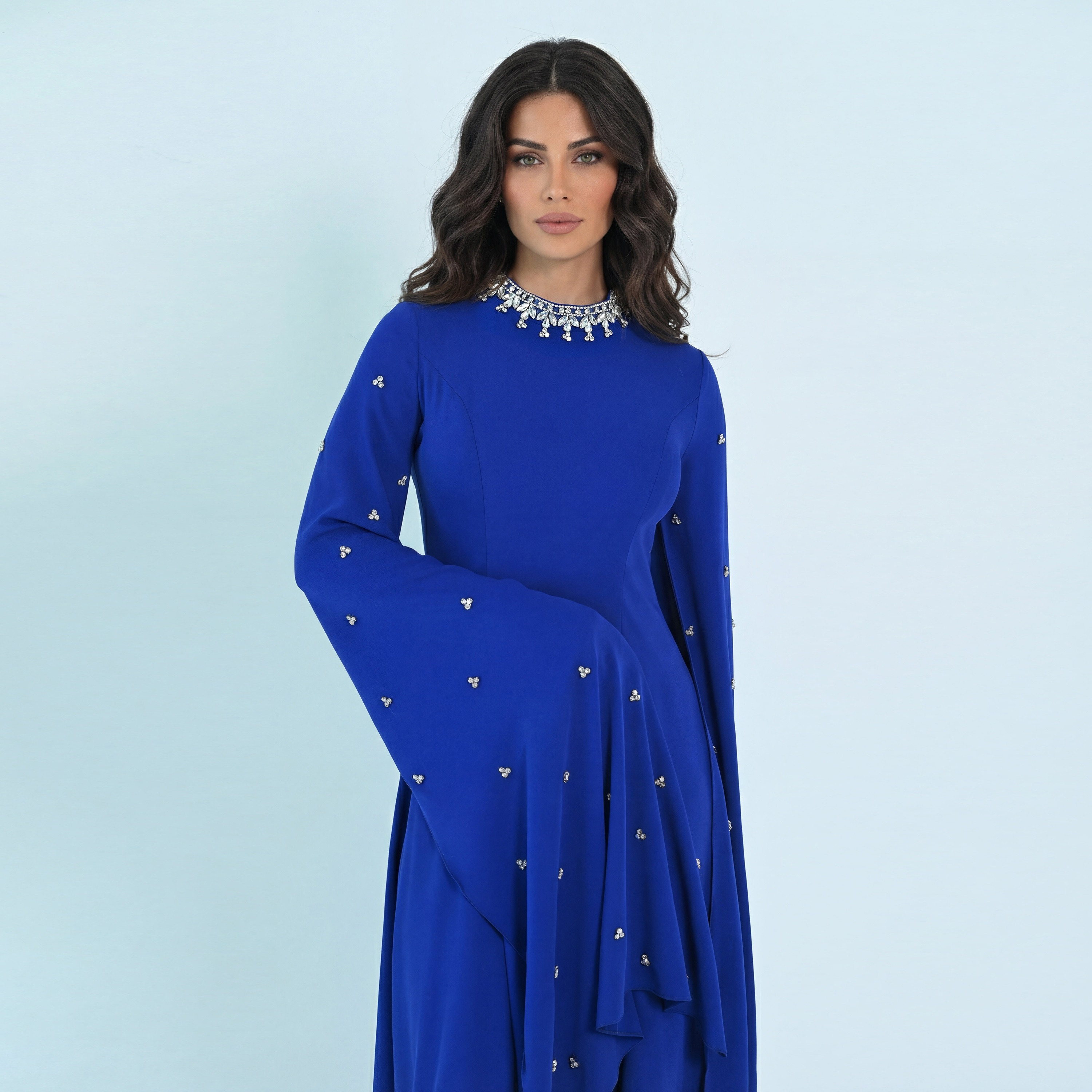 Akadia Crystal Work Crepe Mock Neck Cape Sleeves Fit & Flared Royal Blue Evening Women's Maxi Dress-women-clothing-dresses-image-2