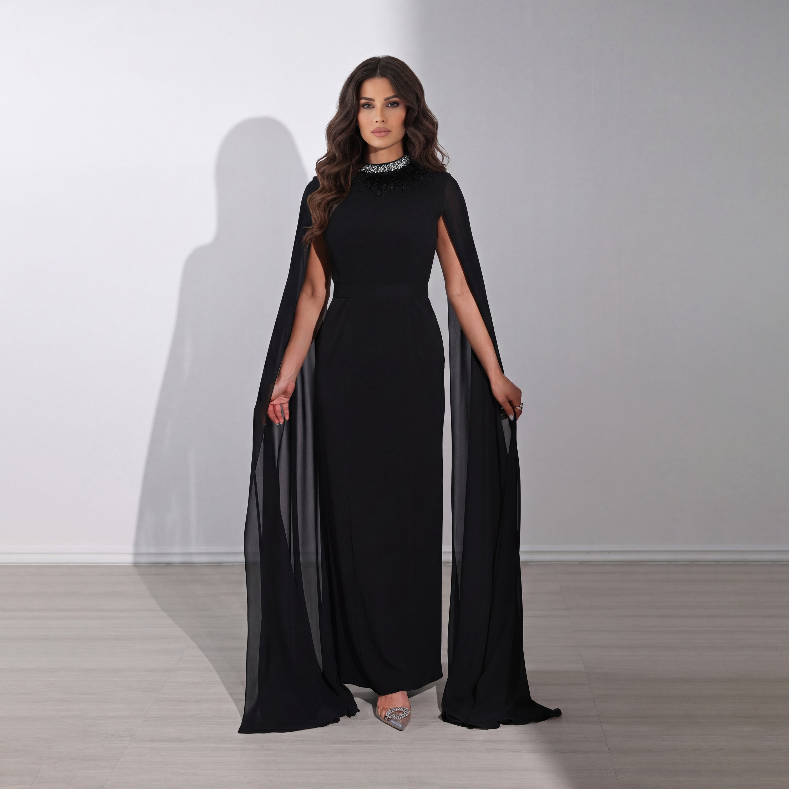 Akadia Crystal Crepe High Neck Cape Sleeves Column Women's Maxi Evening Dress-women-clothing-dresses-image-1
