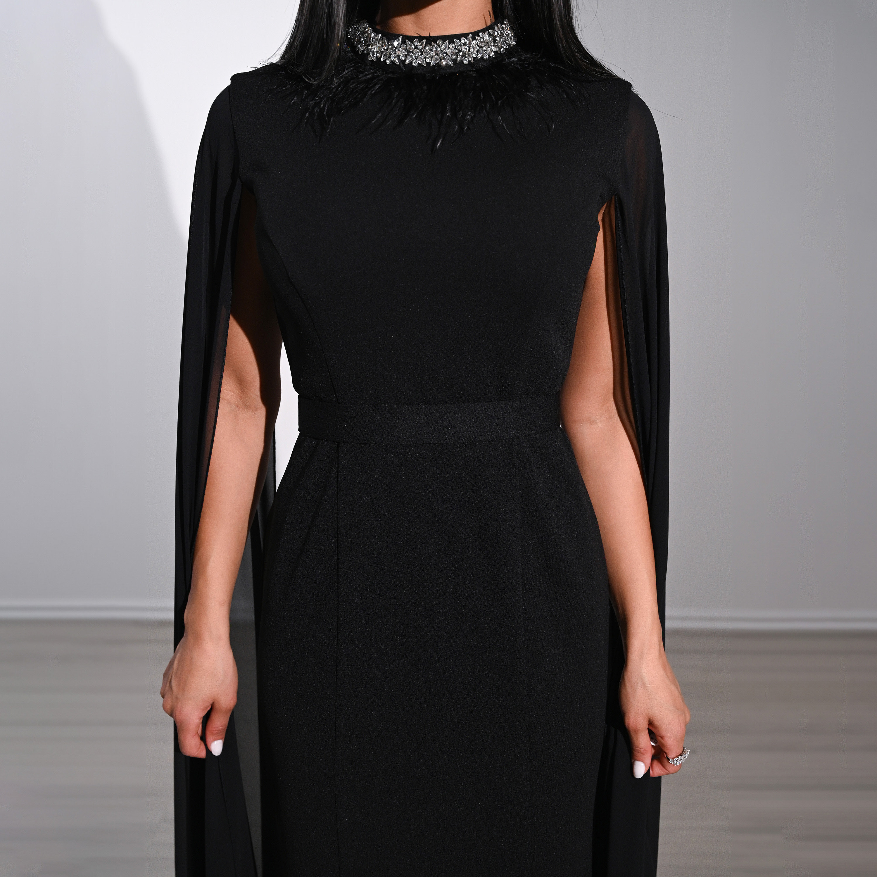 Akadia Crystal Crepe High Neck Cape Sleeves Column Women's Maxi Evening Dress-women-clothing-dresses-image-3