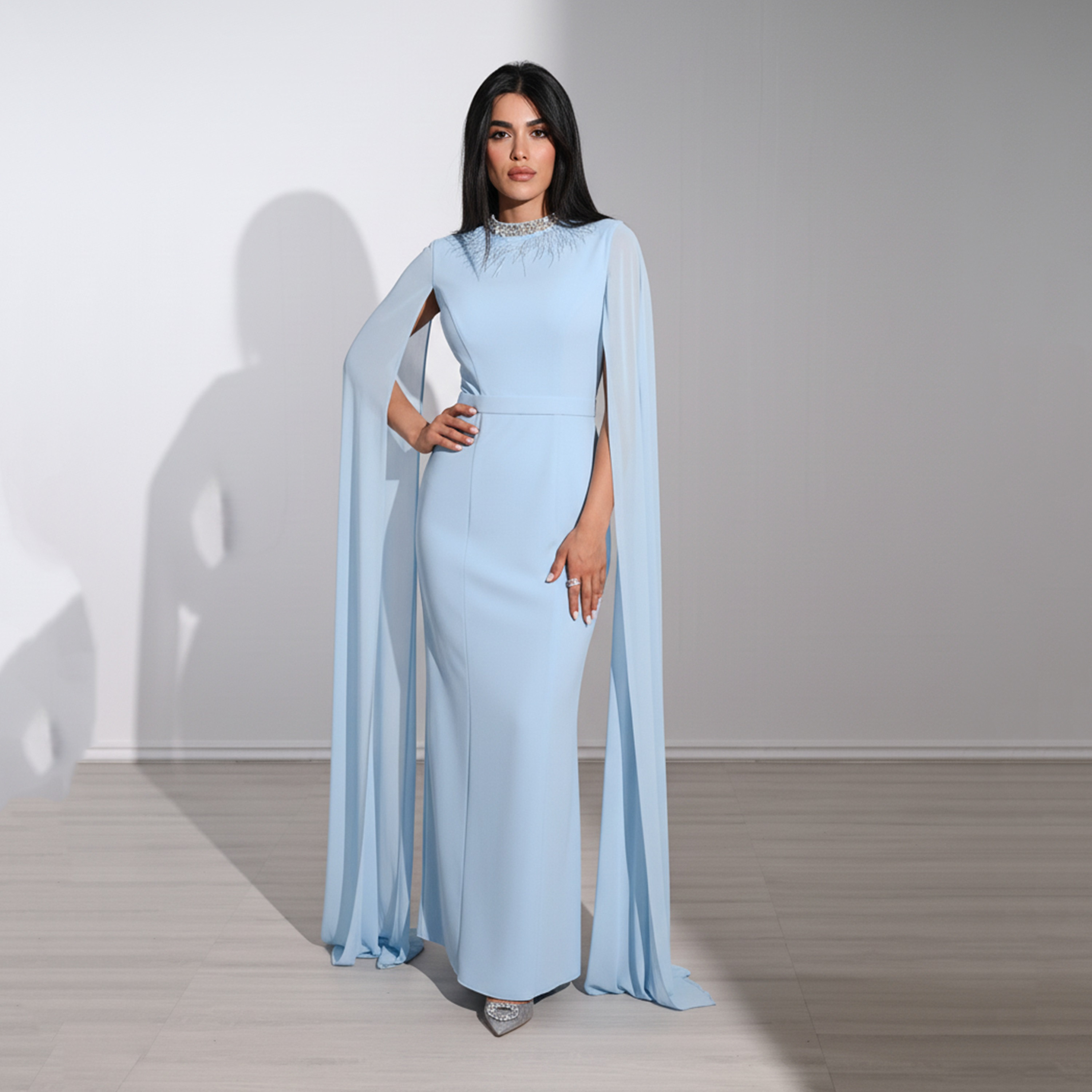 Akadia Crystal Crepe High Neck Cape Sleeves Column Women's Maxi Evening Dress-women-clothing-dresses-image-7
