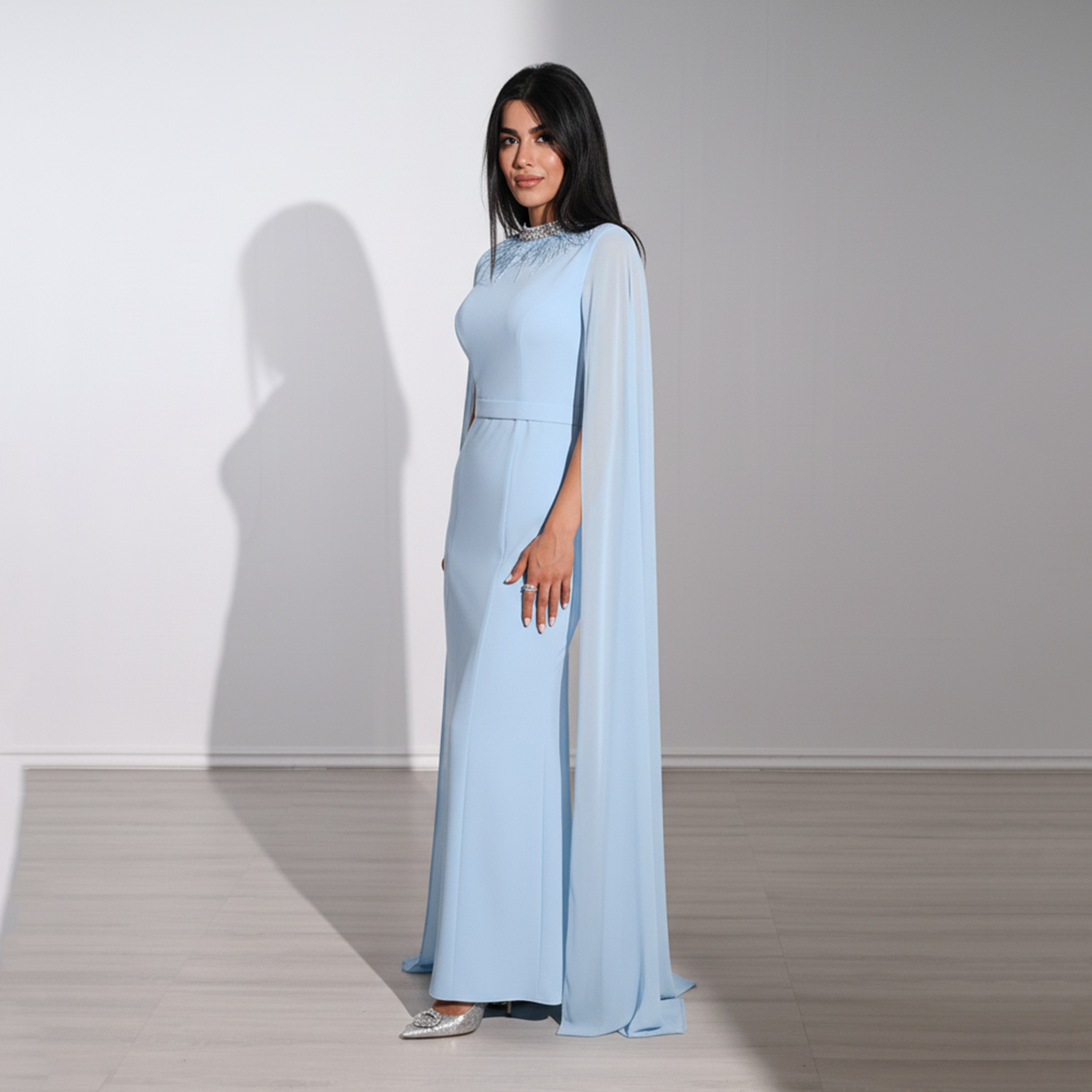 Akadia Crystal Crepe High Neck Cape Sleeves Column Women's Maxi Evening Dress-women-clothing-dresses-image-8
