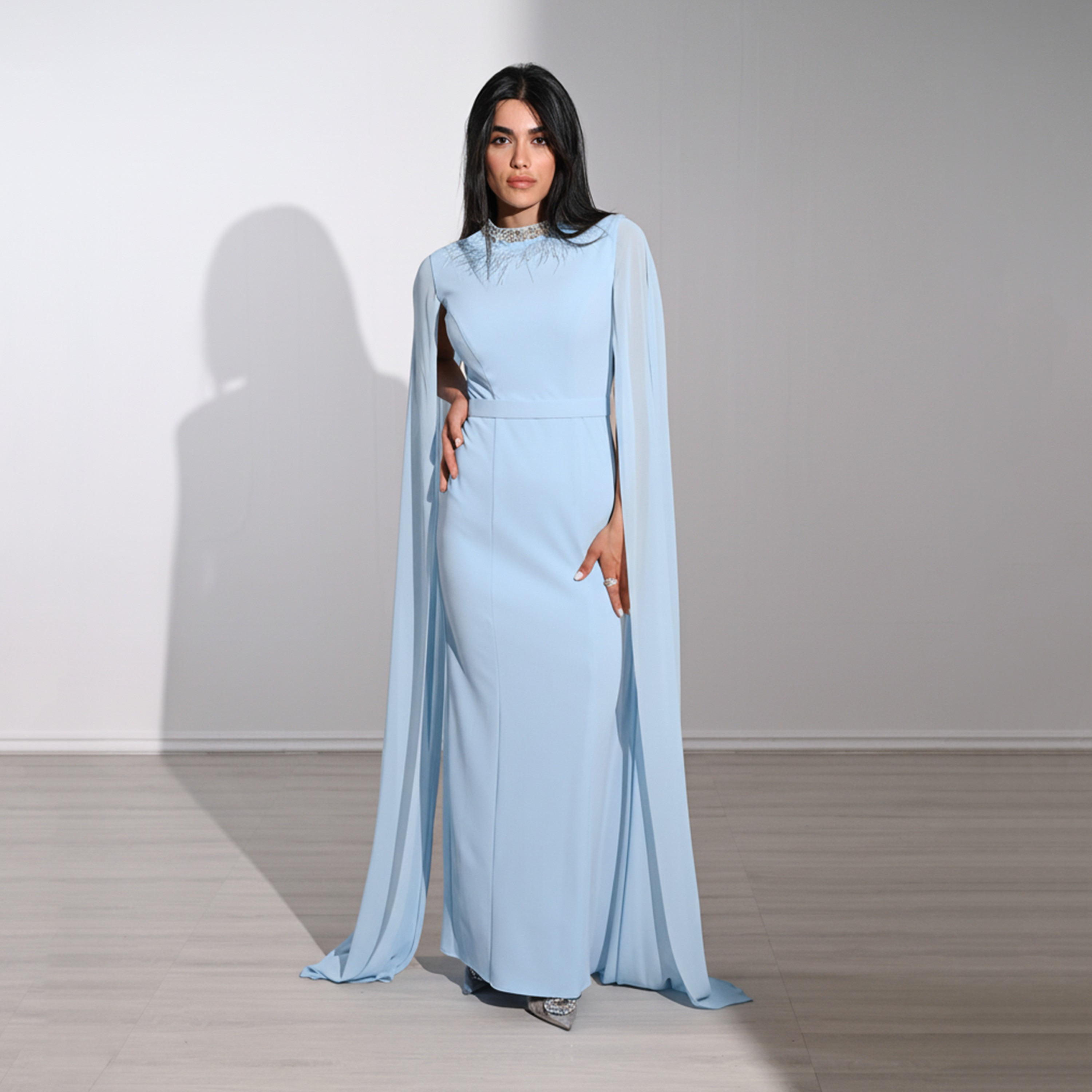 Akadia Crystal Crepe High Neck Cape Sleeves Column Women's Maxi Evening Dress-women-clothing-dresses-image-9