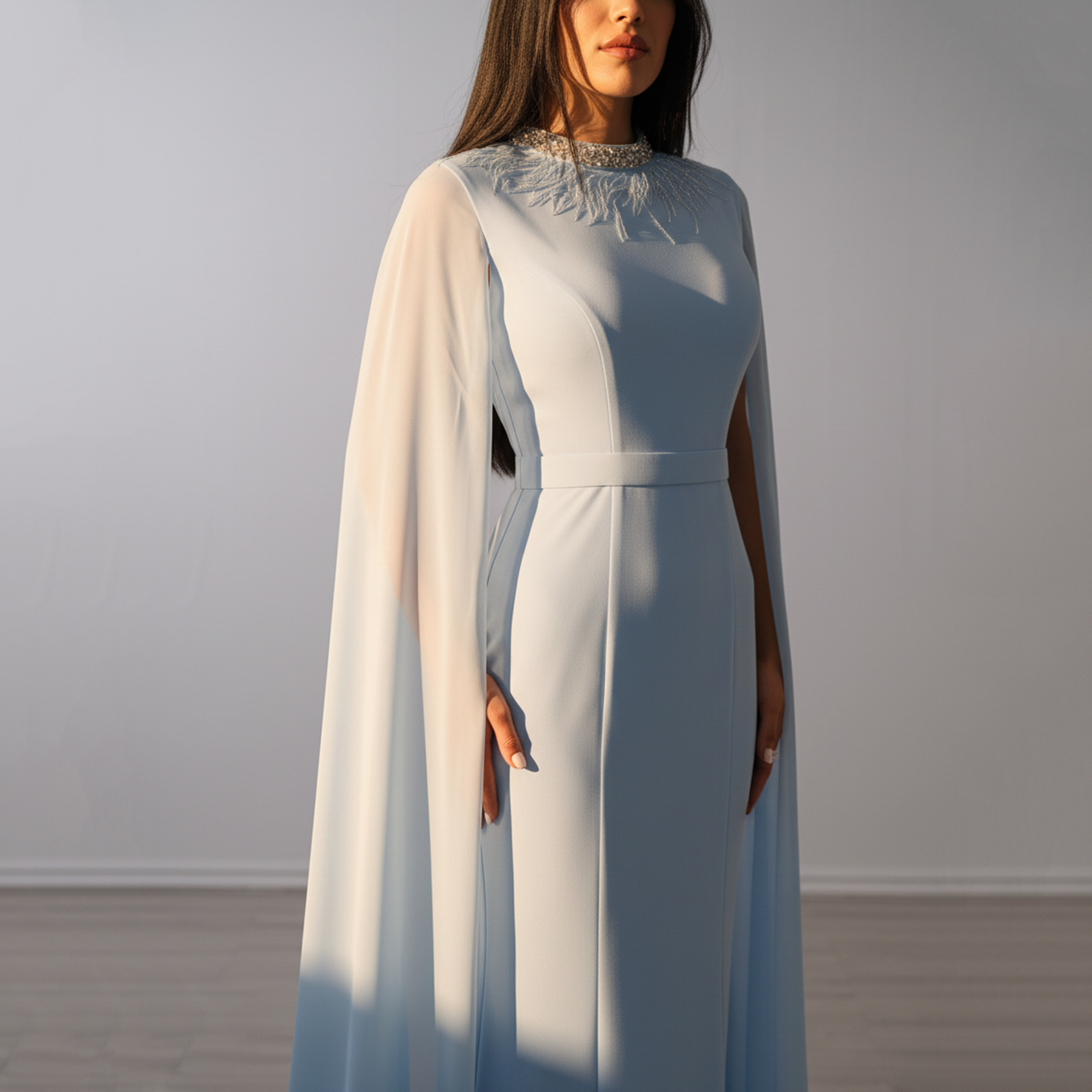 Akadia Crystal Crepe High Neck Cape Sleeves Column Women's Maxi Evening Dress-women-clothing-dresses-image-10
